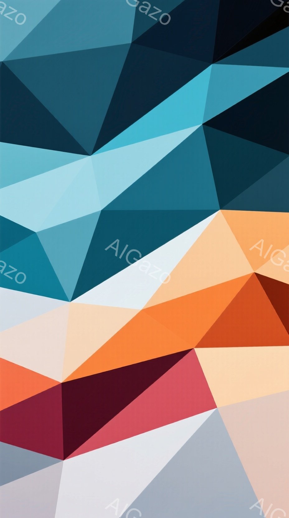 この画像は、様々な色調の三角形で構成された抽象的なデザインです。オレンジ、赤、青、グレーなどの色が組み合わさり、幾何学的なパターンを形成しています。全体として、モダンで鮮やかな印象を与え、背景やテクスチャとして使用されることを想定したデザインであると考えられます。