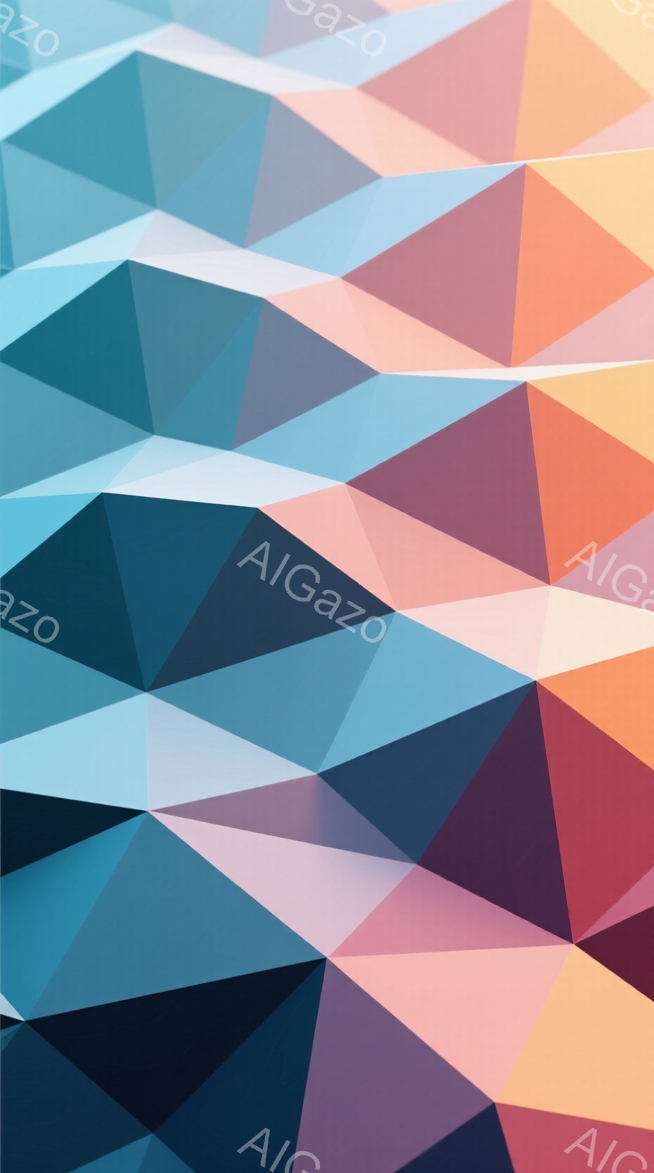 この画像は、様々な色調の三角形で構成された抽象的な背景です。水色、オレンジ、紫、濃い青などの色が組み合わさり、幾何学的なパターンが生まれています。三角形は互いに重なり合い、奥行きと複雑さを表現していま - AI生成フリー素材