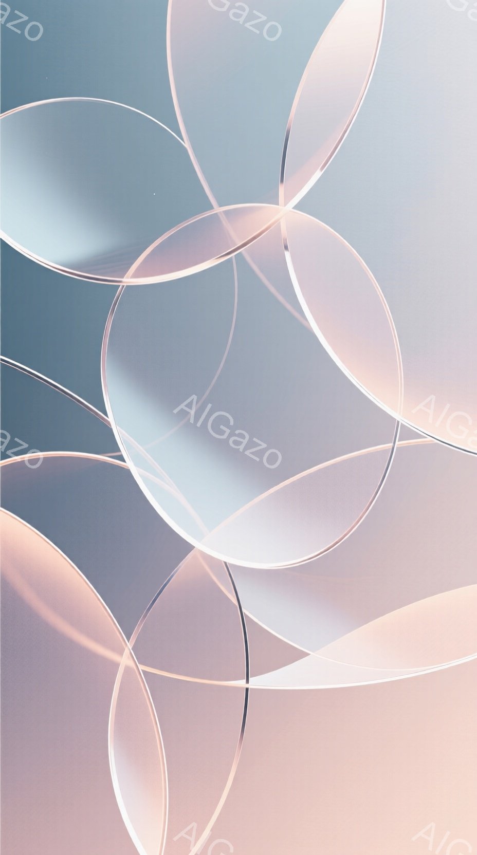 複数の半透明な円盤が重なり合い、淡いピンクと水色のグラデーションが印象的な画像です。円盤は光沢があり、まるでガラスやアクリル板のように見えます。背景は単調な青色で、円盤の美しさを際立たせています。