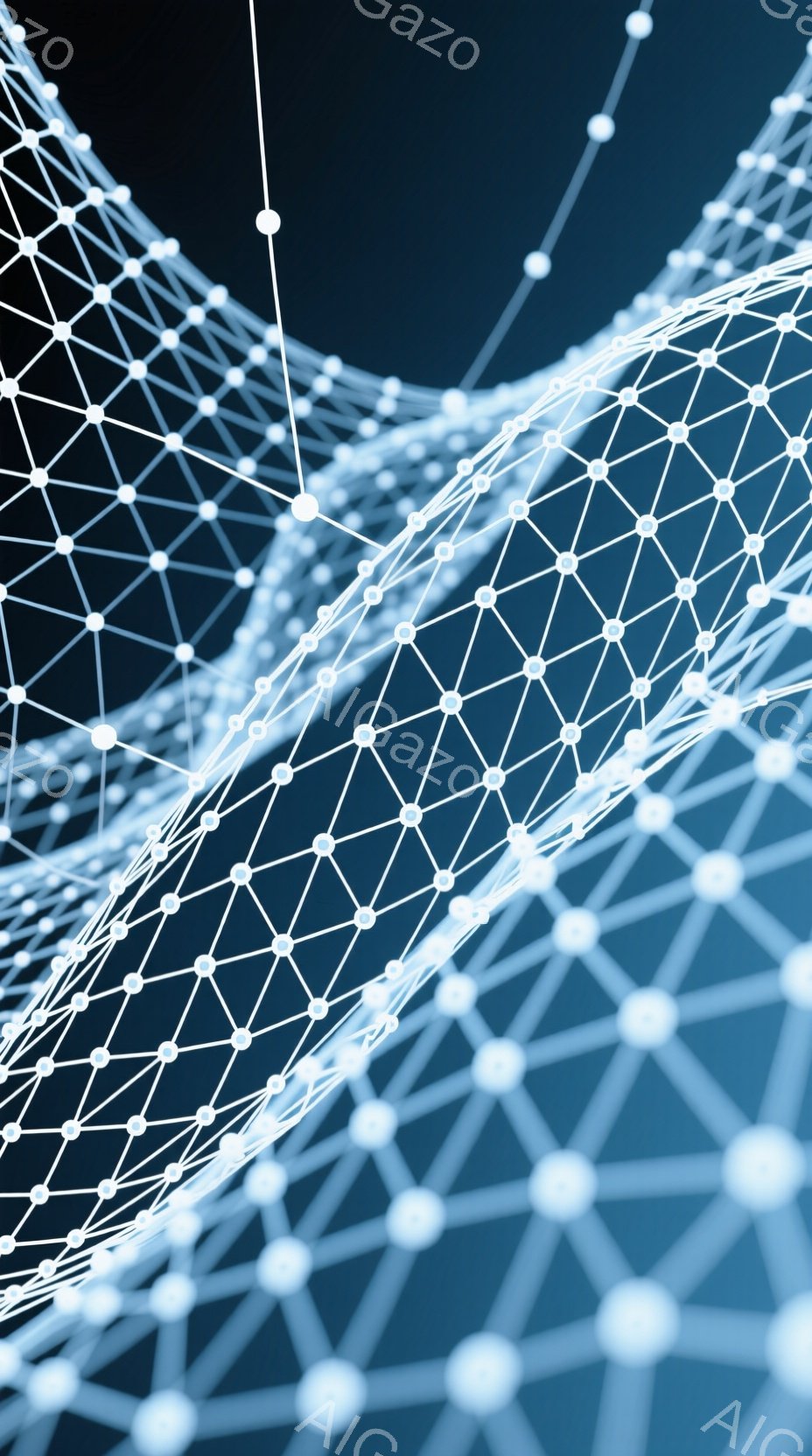 この画像は、白い光る線で構成された、複雑なネットワーク構造を描いています。線は点と線で繋がり、まるでエネルギーの流れやデジタル空間を視覚化したような印象を与えます。暗い青色の背景とのコントラストが、未来的な雰囲気を作り出しています。