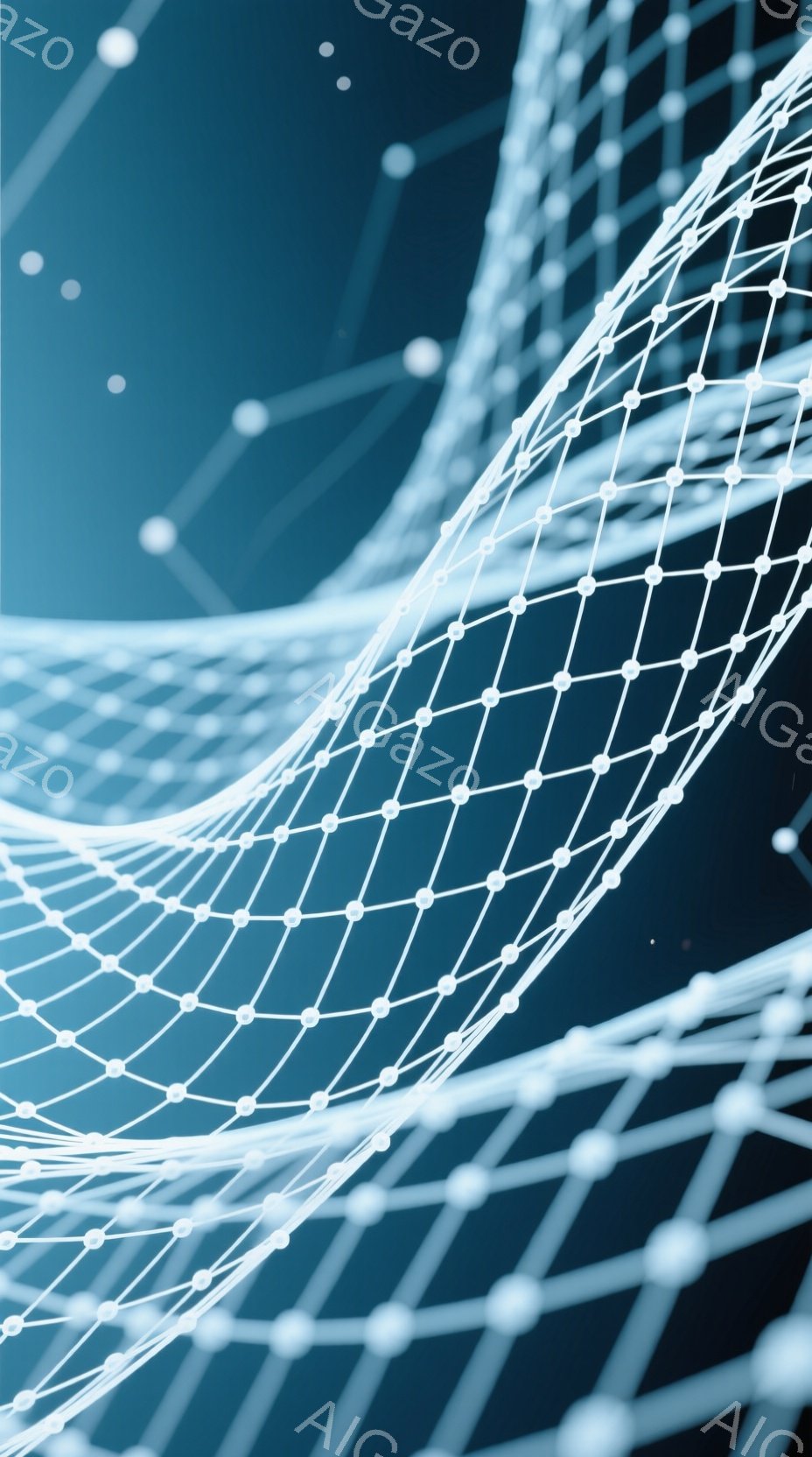 白い線で構成された網状の構造体が、暗い青色の背景を背景に曲線を描いて広がっている。線は点と線で繋がり、まるで未来的なエネルギーネットワークやデータストリームを視覚化したような印象を与える。全体的に、シンプルでありながらダイナミックで、テクノロジーと抽象的な美しさが融合した雰囲気である。