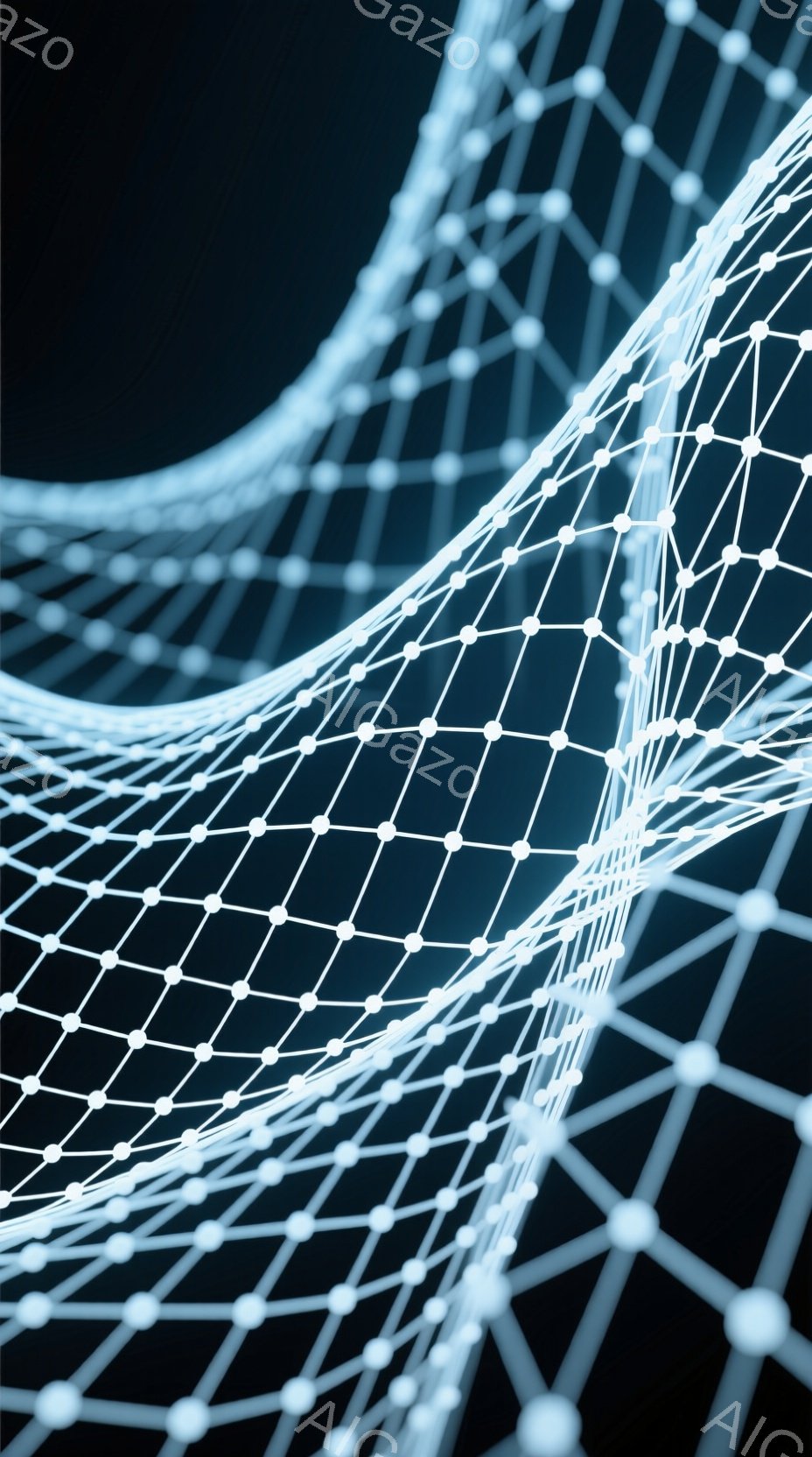 この画像は、光る白い線で構成された、網目状の複雑な構造を描写しています。線は互いに接続され、波のような曲線を描き、未来的な印象を与えます。暗い背景が、光る構造を際立たせています。