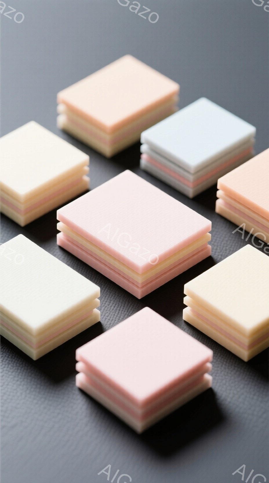 画像は、薄いピンク、薄い青、ベージュなどのパステルカラーの正方形のレイヤーが重ねられたオブジェクトが複数、テクスチャのある濃いグレーの表面に配置されたクローズアップ写真です。各オブジェクトは、異なる色のレイヤーが複数組み合わされており、均一でミニマルな印象を与えます。全体的に、柔らかい色合いとシンプルな構成が特徴で、洗練された雰囲気です。