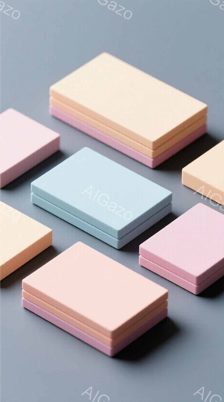 穏やかなパステルカラーの正方形のオブジェクトが、グレーの背景に配置されている。これらのオブジェクトは、それぞれわずかに異なる色合いを持ち、積み重ねられているように見えるものもある。全体的に、シンプルで - AI生成フリー素材