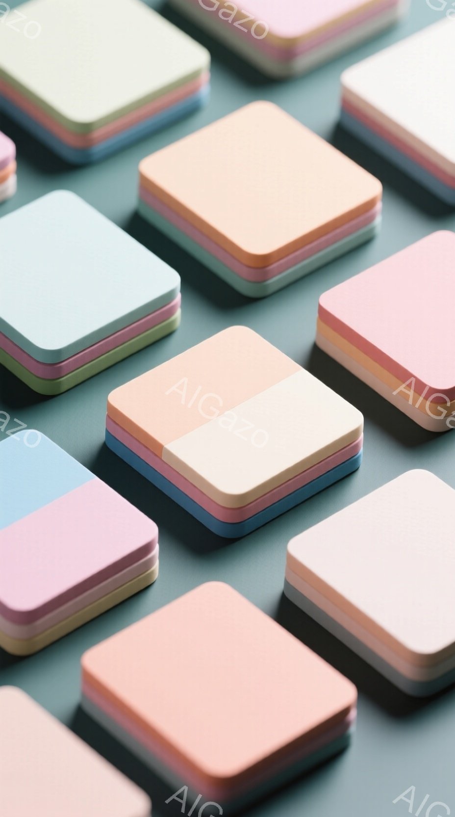 画像はパステルカラーの正方形のオブジェクトが、規則的に配置されたパターンで広がっている様子を捉えています。これらのオブジェクトは、薄いピンク、青、緑、ベージュといった柔らかな色合いで、均一な質感を持っています。背景は濃いグレーで、これらのカラフルな正方形を際立たせて、ミニマルでモダンな雰囲気を作り出しています。