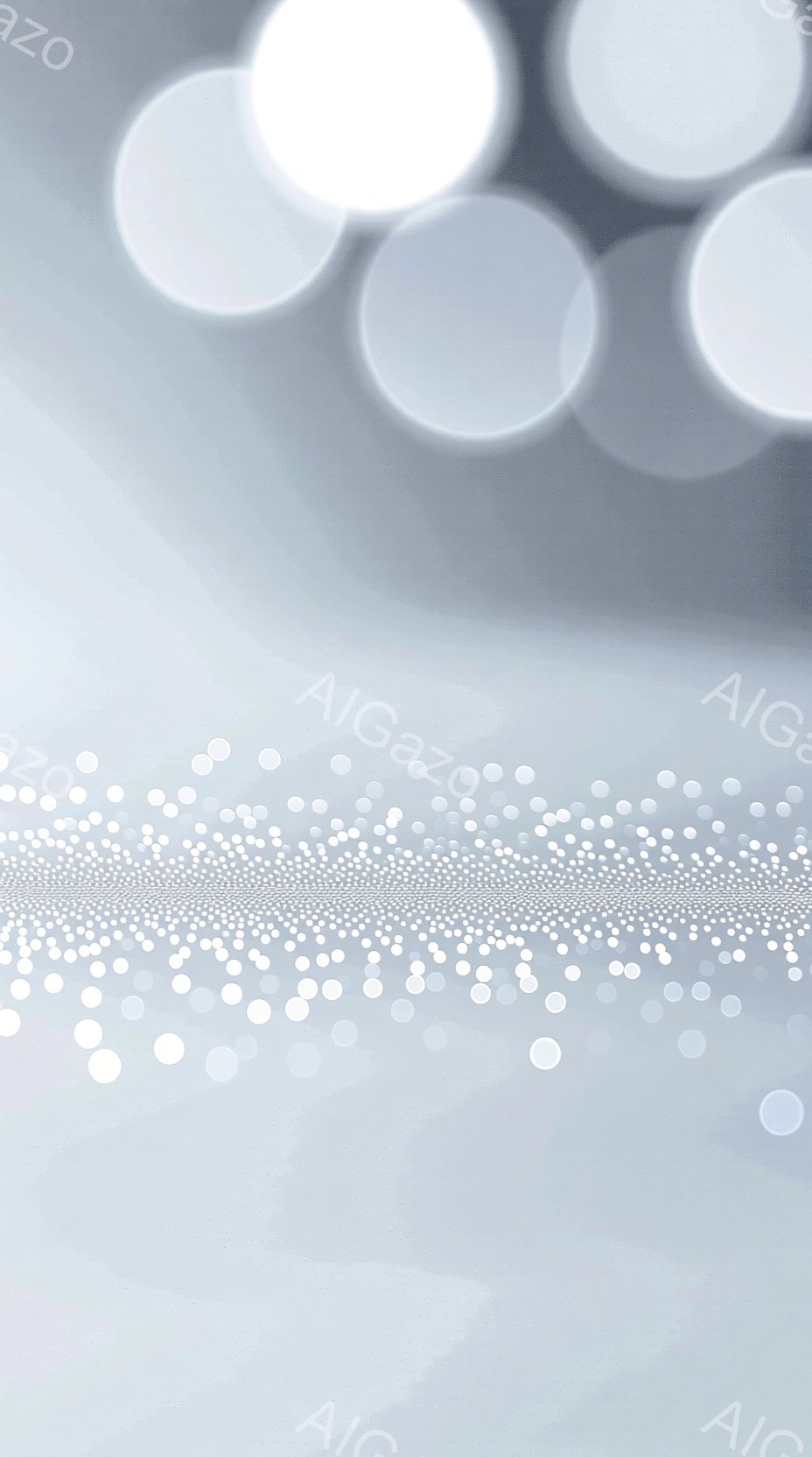 この画像は、白とグレーを基調とした抽象的な表現で、多数の円や光の粒子が、水平線上に広がる様子が描かれています。これらの粒子は、遠近感を生み出し、まるで光の川や星屑が地平線に流れているような幻想的な光景 - AI生成フリー素材