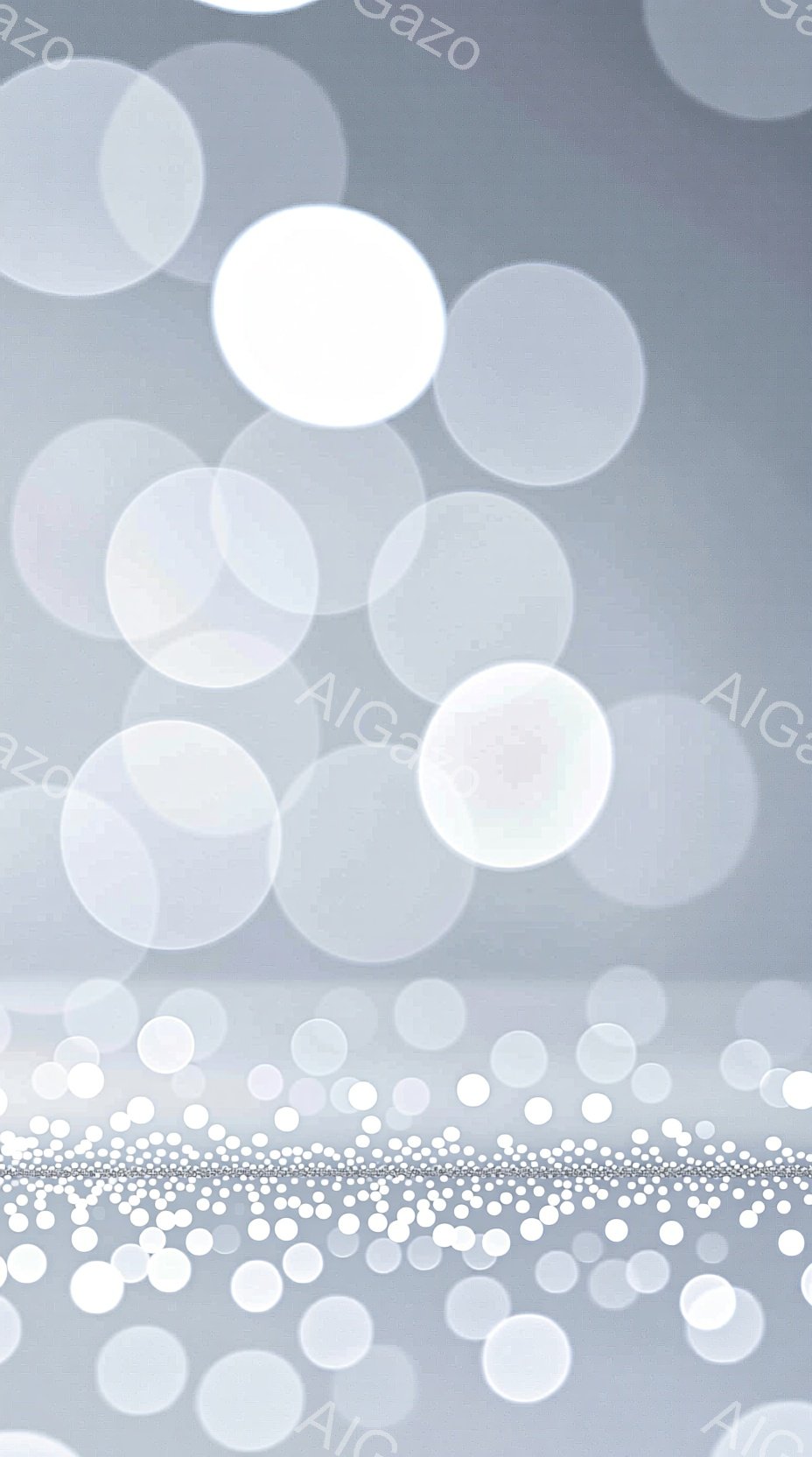 この画像は、ぼやけた白い円が重なり合い、抽象的な背景を形成しています。地平線付近には、小さな光の点が密集し、まるで星空のような印象を与えます。全体的に柔らかく夢幻的な雰囲気で、穏やかさと静けさを感じさせます。