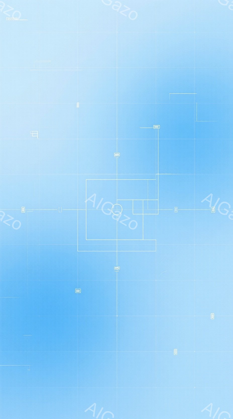 この画像は、水色のぼかし背景に白い線で描かれた抽象的な構造物が複数存在します。それらは幾何学的な形状を持ち、まるで回路図や設計図の一部のように見えます。全体的に冷たく、ミニマルで、技術的な雰囲気が漂います。