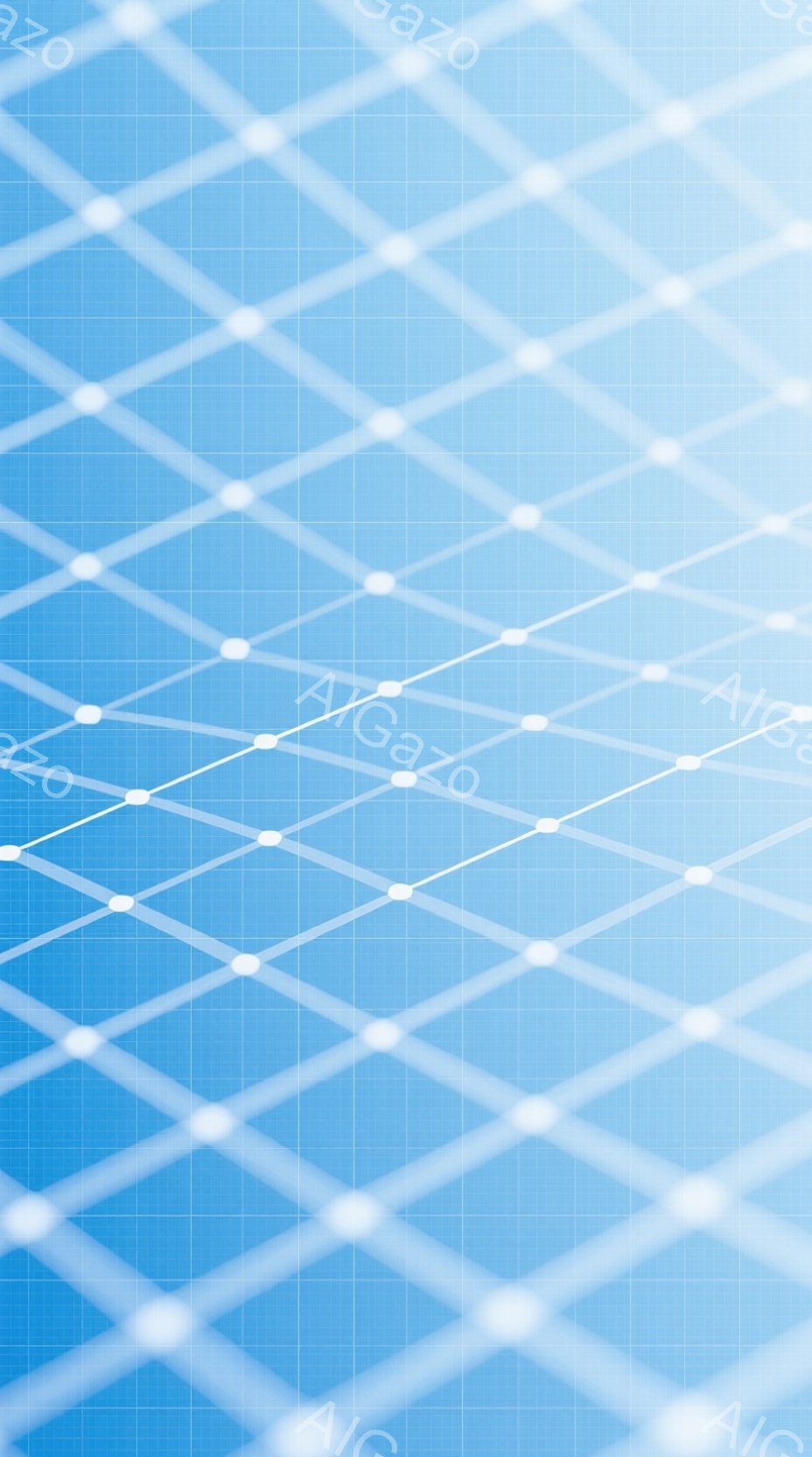 この画像は、明るい青色の背景に白い線が格子状に交差する抽象的な表現です。線は遠近法を利用して描かれており、奥行きを感じさせます。全体的に未来的で、冷静な雰囲気を持っています。