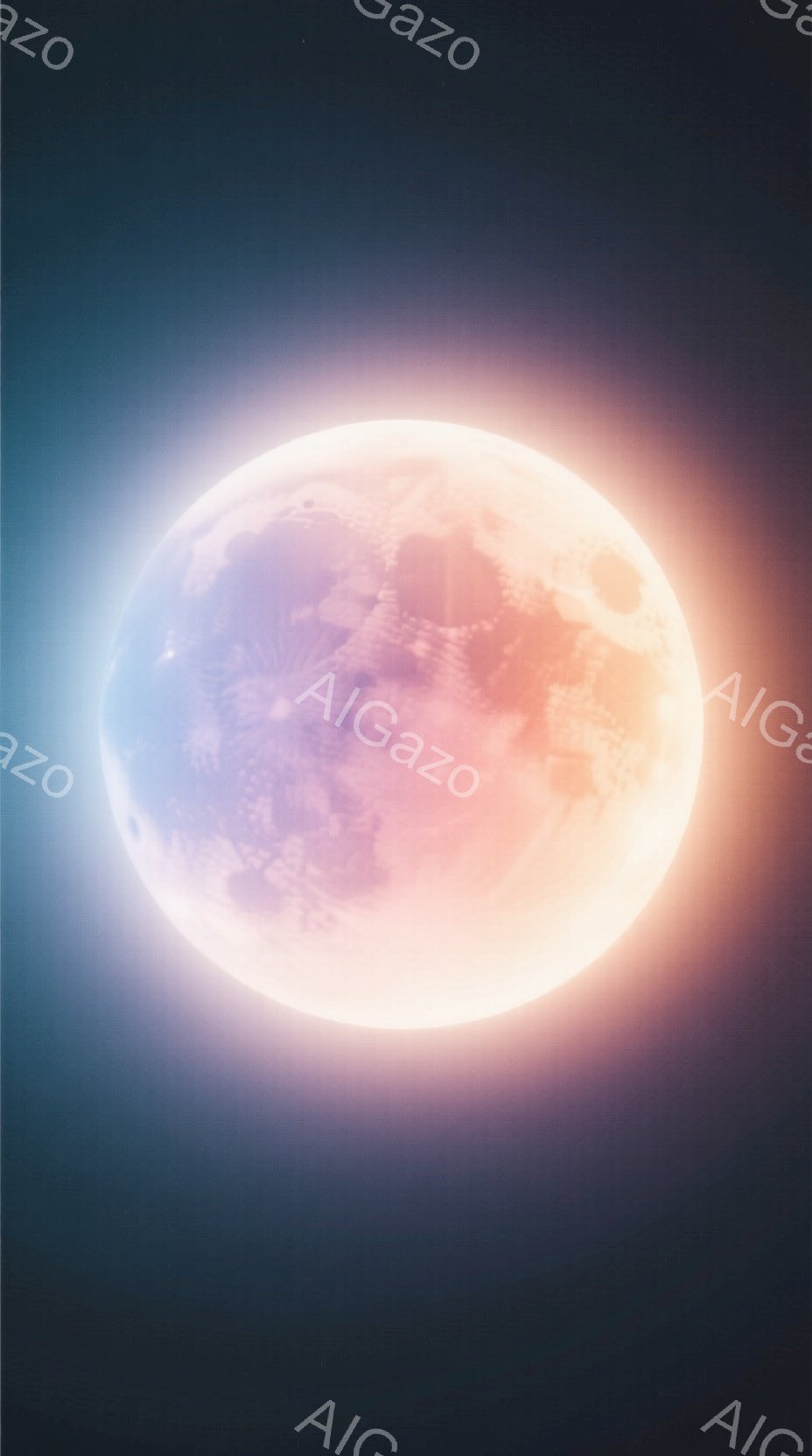 この画像は、オレンジとピンクの色合いで輝く満月を捉えています。月の表面には陰影があり、クレーターや地形がぼんやりと見え、幻想的な光を放っています。背景は濃い青色で、月の光が放射状に広がっており、神秘的で穏やかな雰囲気を醸し出しています。