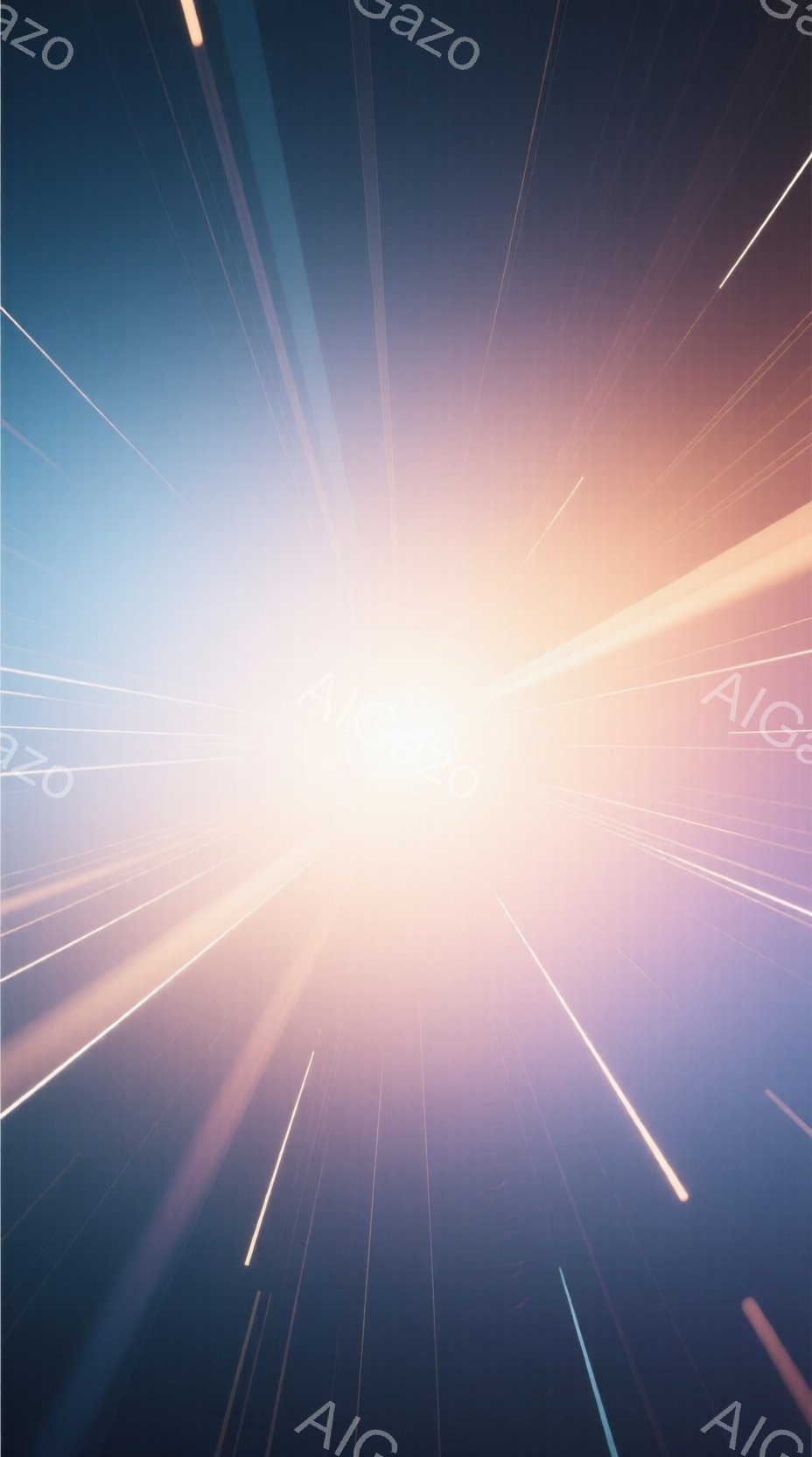 鮮やかな光が中心から放射状に広がり、暗い背景を照らしている。光線は細く、まるで速度感のある線のように描かれ、未来的な空間やトンネルを連想させる。全体的に、この画像はスピード、エネルギー、そして無限の可能性を感じさせる抽象的な表現である。