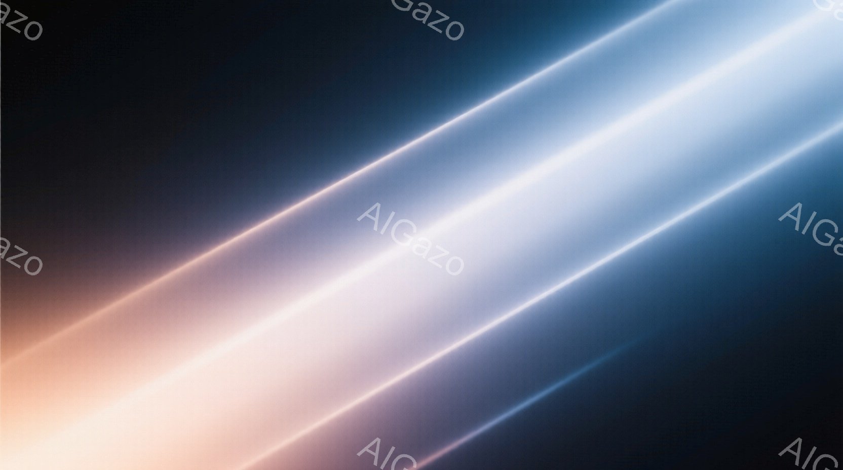 この画像は、暗い背景に沿って斜めに伸びる鮮やかな光の帯で構成されています。光はオレンジ色から白色へと徐々に変化し、強いエネルギーとスピード感を表現しています。全体的に未来的な印象を与え、まるで光速で移動しているかのような視覚効果を生み出しています。