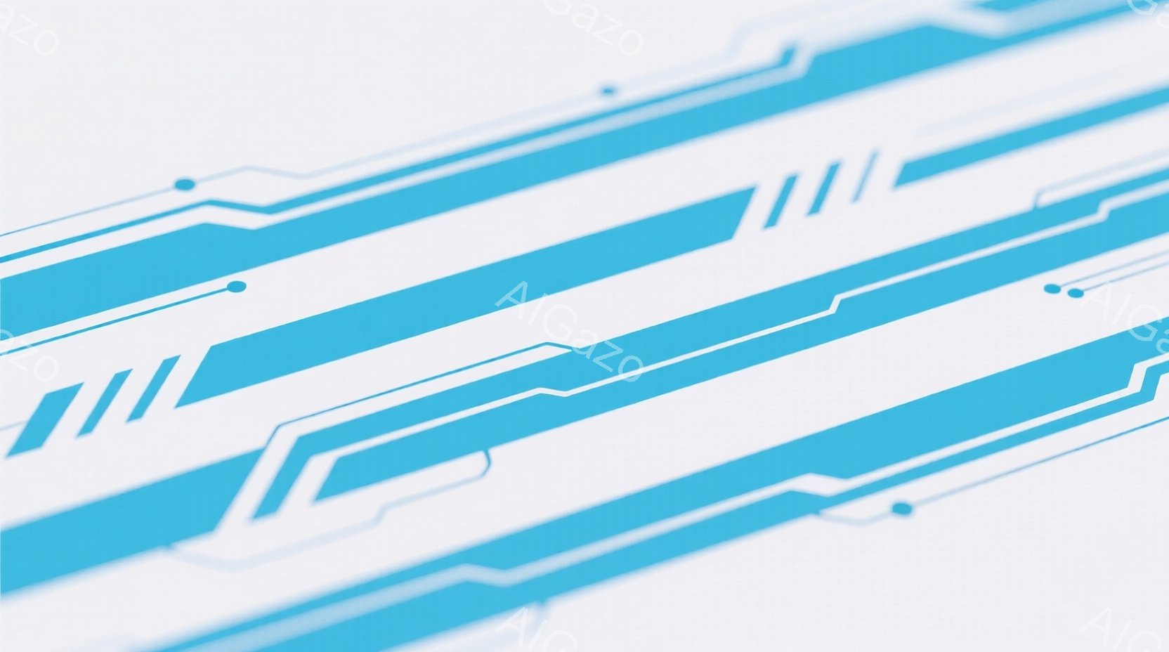この画像は、白背景に青色の未来的な回路パターンが複数描かれたものです。線は斜めに配置され、細い線や点線で接続されており、まるでテクノロジーの内部構造やエネルギーの流れを表現しているかのようです。全体的にクリーンでミニマルな印象を与え、近未来的なデザイン要素が際立っています。