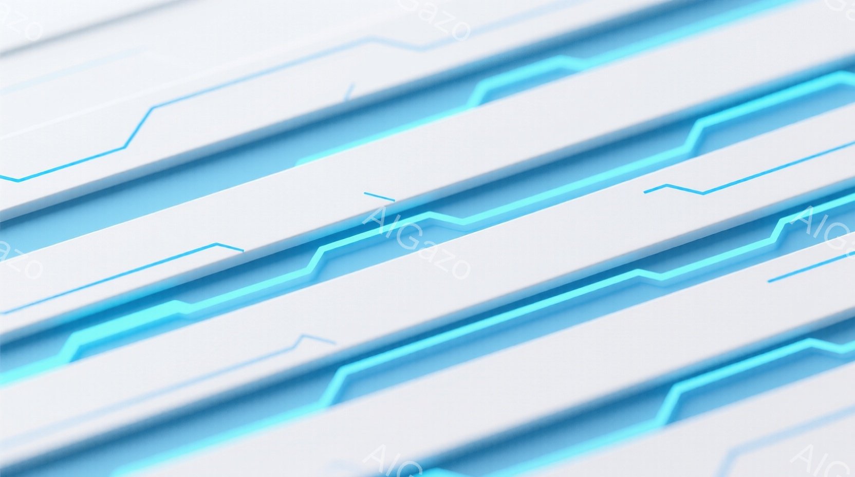 白を基調とした未来的なデザインが印象的な画像です。青色の光が走る細長いパネルが幾重にも重なり、奥行きと立体感を創り出しています。全体的にクールで洗練された雰囲気で、SF作品のセットやデジタル空間を連想させます。