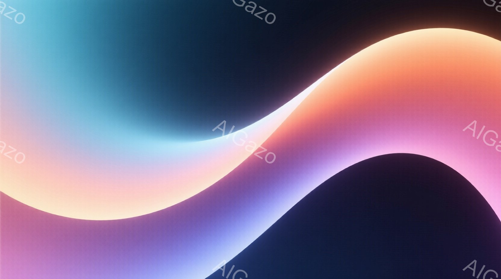 この画像は、鮮やかな色彩が混ざり合った抽象的な曲線で構成されています。オレンジ、ピンク、紫、水色が滑らかに繋がり、まるで光の帯が流れているかのような印象を与えます。背景は暗く、曲線が際立って見え、全体として柔らかく幻想的な雰囲気を醸し出しています。