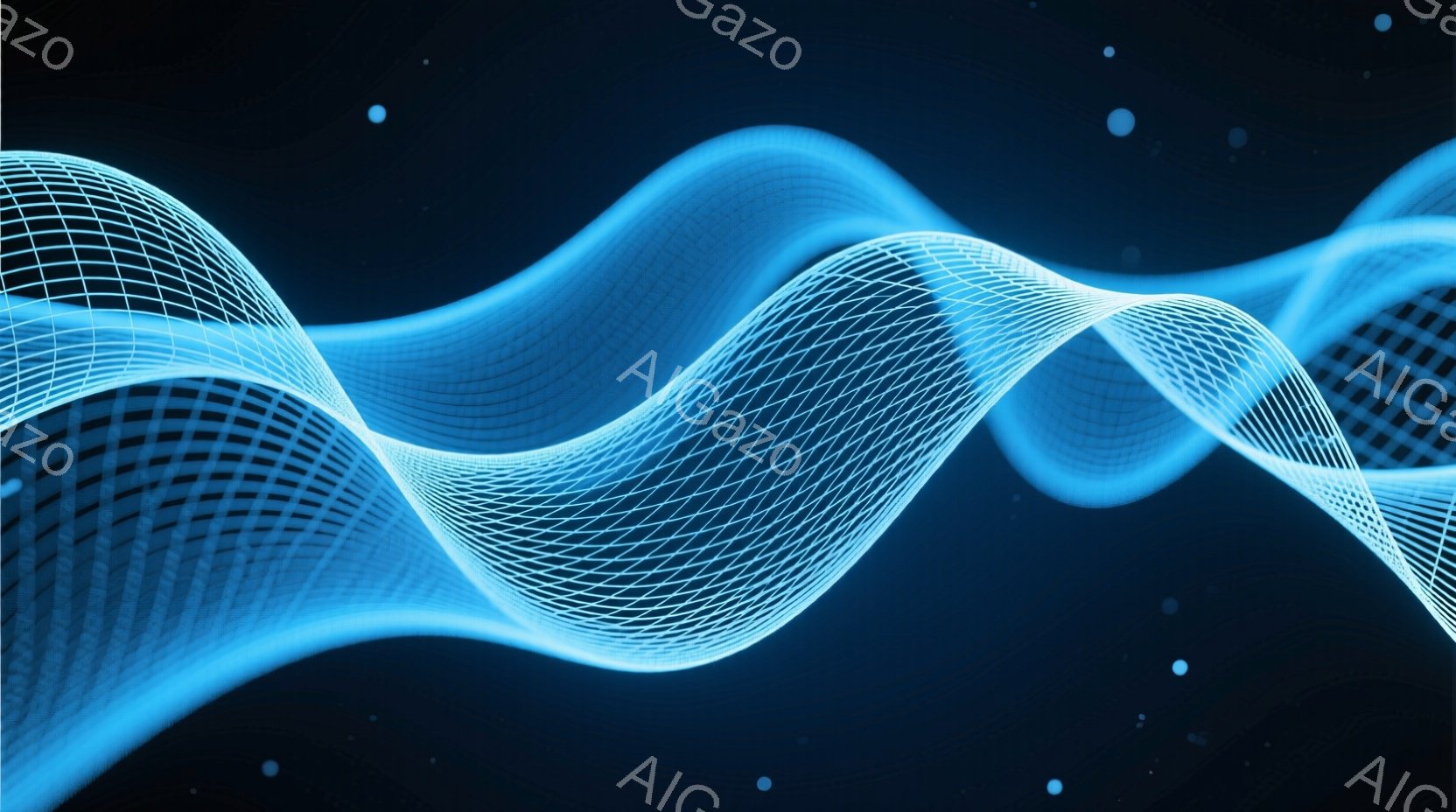 鮮やかな青色の光の線が、まるで音波のようにうねりながら空間を漂っている。背景は暗い青色で、ぼんやりとした白い光点が星のように散りばめられており、未来的な雰囲気を醸し出している。線は細かなグリッド状の構造を持ち、その複雑さが光の躍動感をさらに強調している。