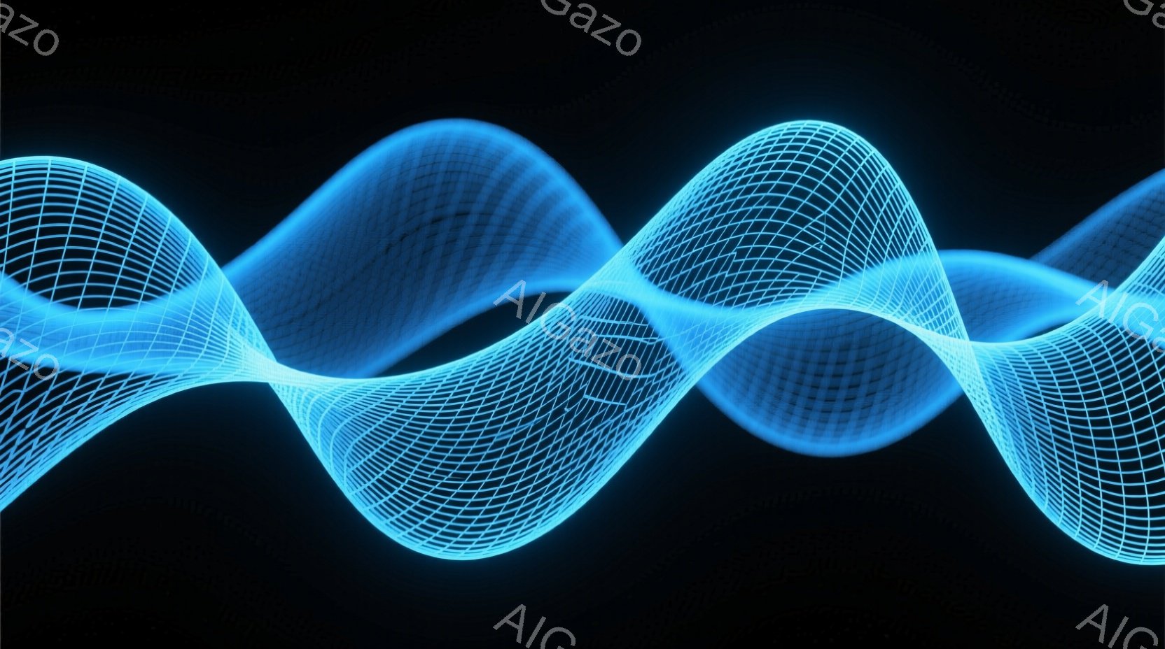 鮮やかな水色の光の線が、複雑な網目状のパターンを形成し、暗い背景を横切って波打っています。まるでエネルギーの流れや音波を視覚化したような、未来的な印象を与えるイメージです。鮮やかな色彩と光のコントラストが、見る者を惹きつけます。