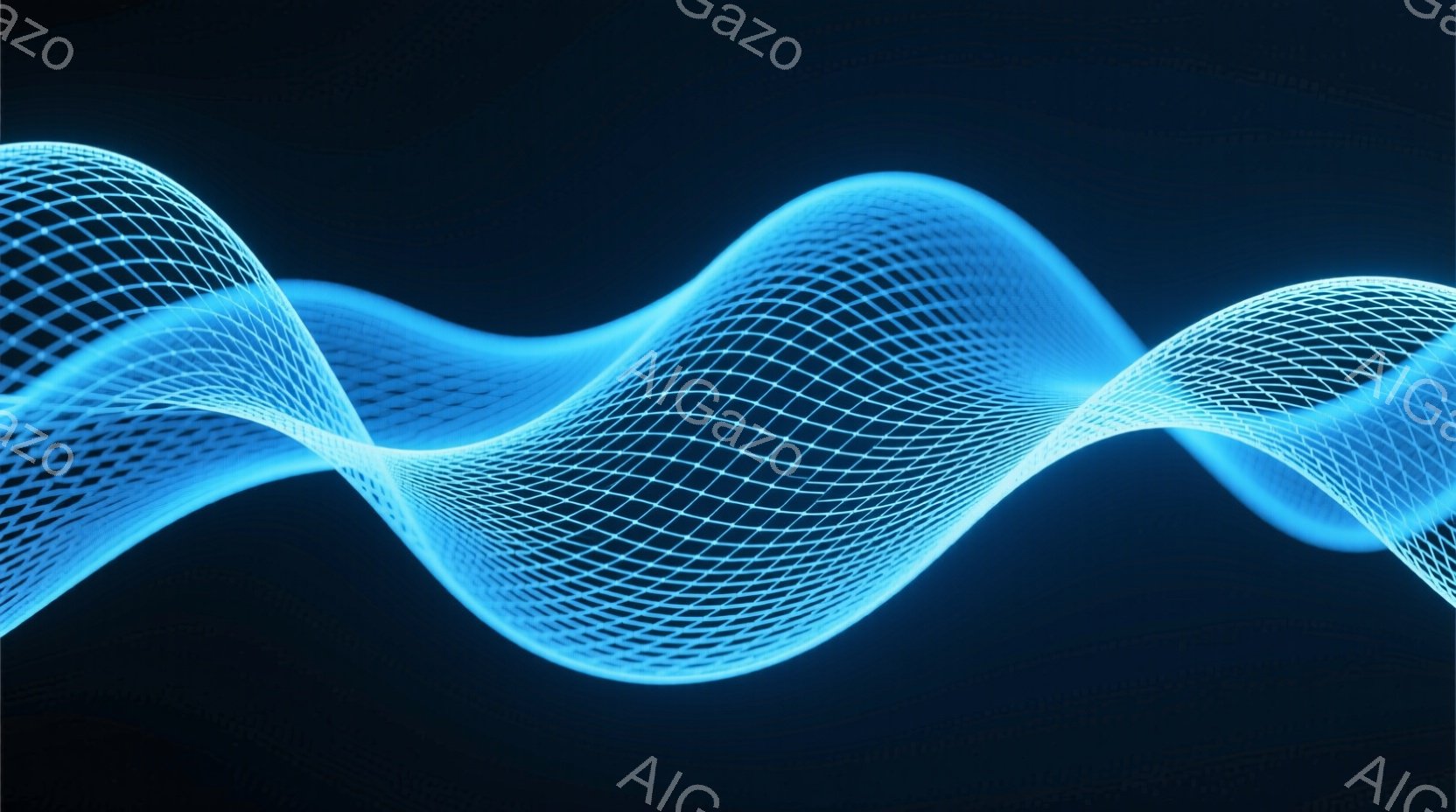 鮮やかな青色の光が織りなす波状の線が、暗い背景を横切って流れる様子が描かれている。線は細かなグリッドで構成され、未来的なテクノロジーやエネルギーの流れを想起させる。全体的に、静かで神秘的な雰囲気を醸し - AI生成フリー素材