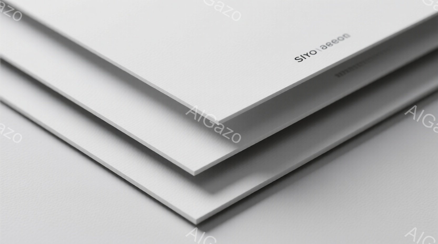 白い紙が三枚重なっており、わずかにずれて配置されている。紙の表面はテクスチャがあり、光沢は抑えられている。背景は白く均一で、ミニマルでクリーンな印象を与える。