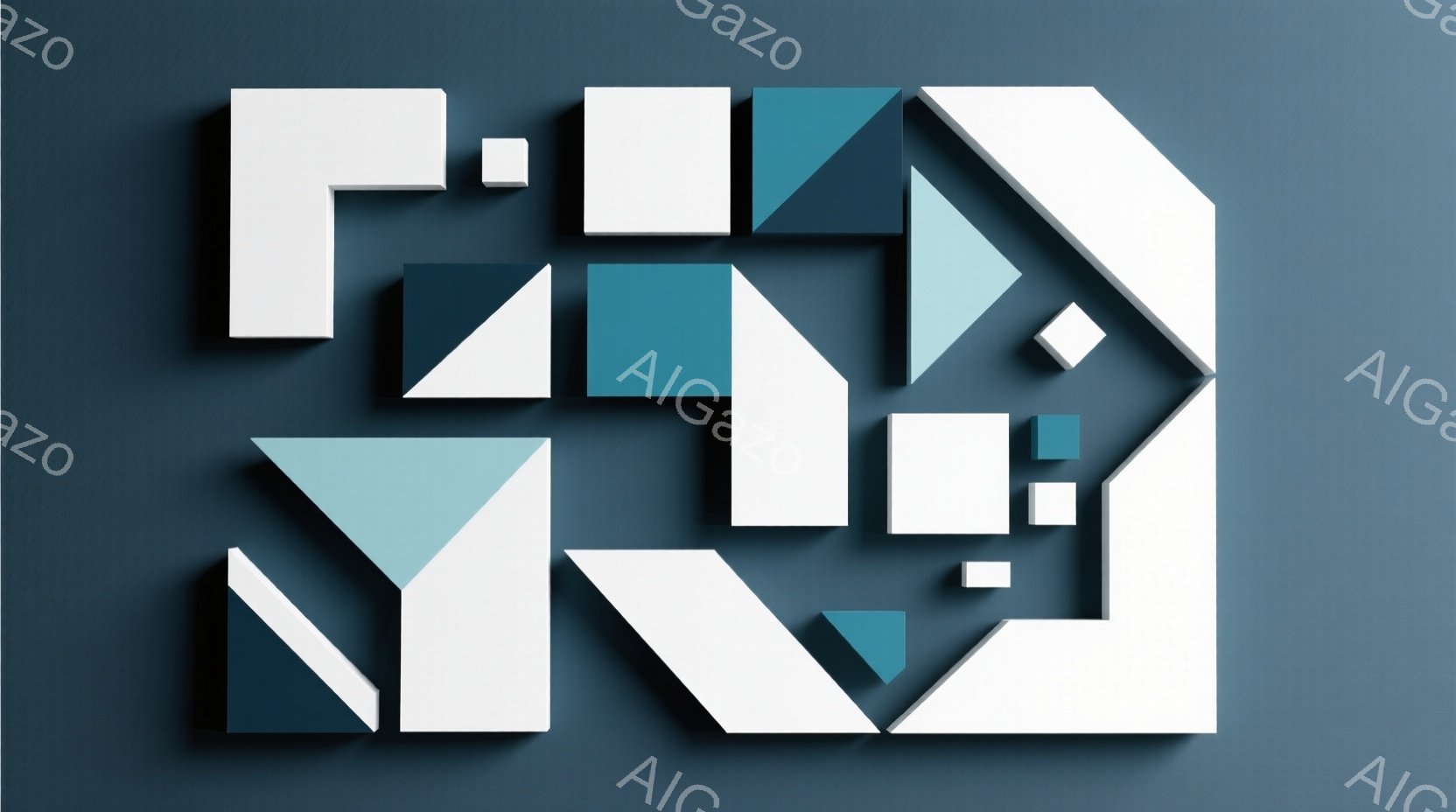 濃い青色の背景に、白と水色の様々な三角形や四角形が、立体的に配置されています。形は互いに重なり合い、影をつけていることから、奥行きのある空間を表現しているようです。全体的にミニマルで幾何学的なデザイン - AI生成フリー素材