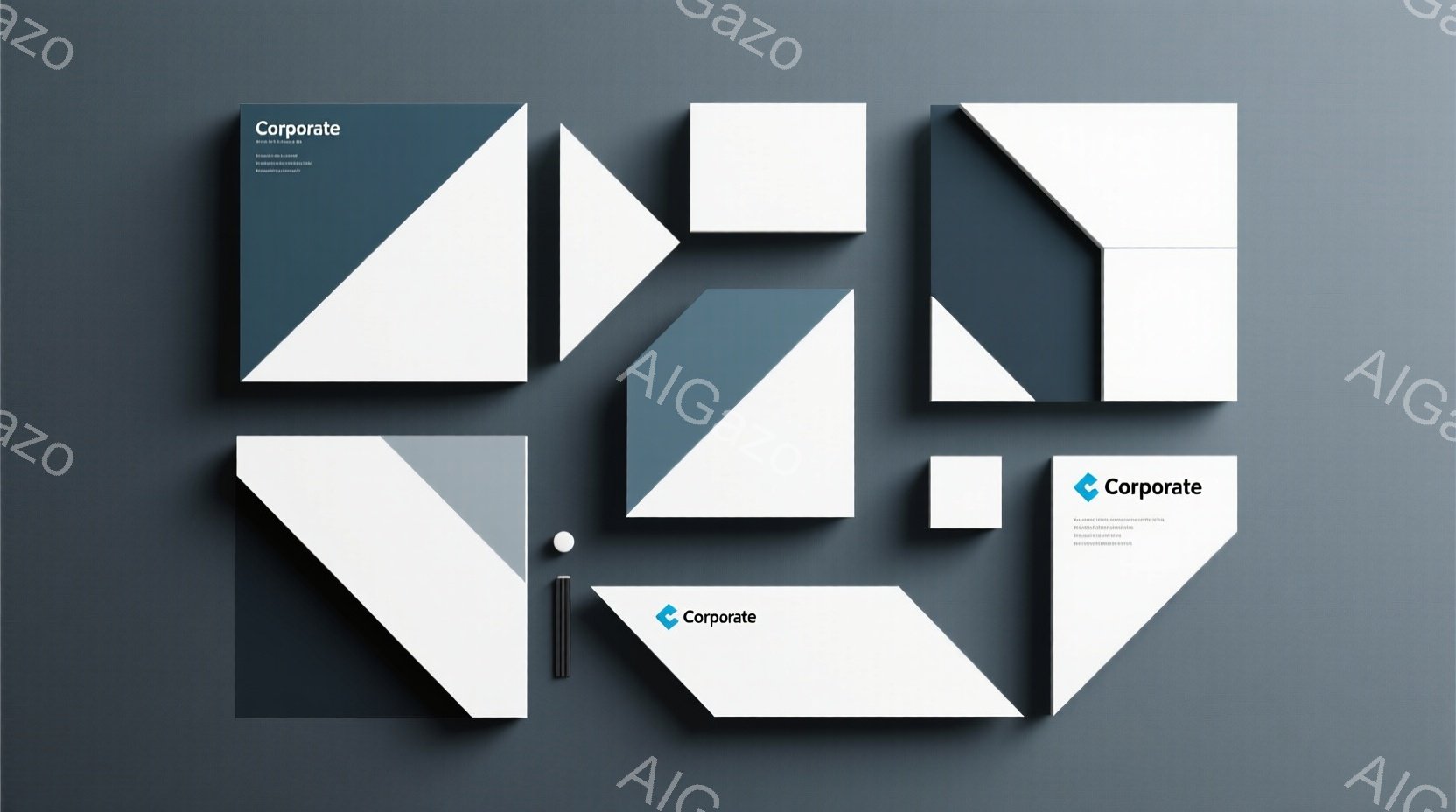 この画像は、濃い青色の背景に、白と青の幾何学的な三角形のコレクションが配置されています。各三角形には「Corporate」という単語と小さな住所のようなテキストが印刷されており、デザインはミニマルでモダンな印象を与えます。全体的に、洗練されたブランドイメージを強調するための抽象的な構成です。