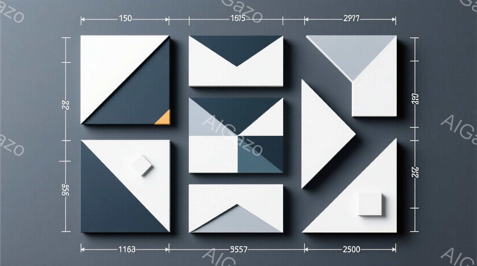 この画像は、灰色の背景に配置された複数の白い三角形と、それらに配置されたいくつかの小さな灰色の長方形で構成されています。三角形は様々な方向に配置され、互いに重なり合って複雑なパターンを形成しています。 - AI生成フリー素材