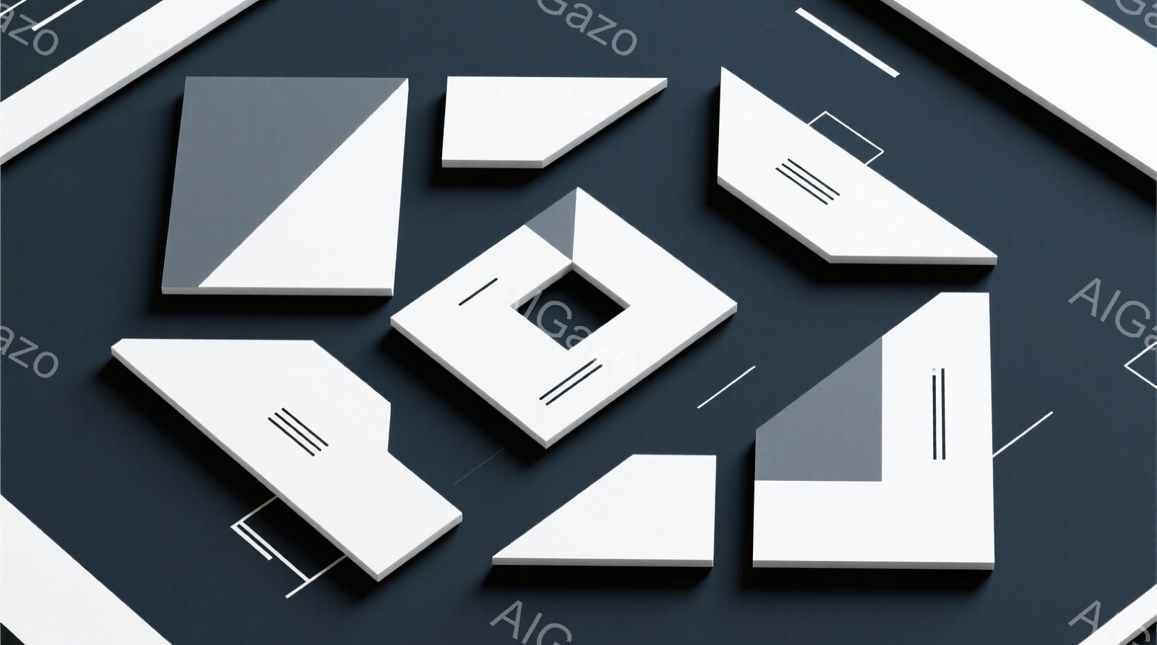 深い紺色の背景に、白とグレーの幾何学的な立体が配置された抽象的な構成です。各立体は鋭いエッジを持ち、表面には細い黒い線が描かれ、陰影がつけられて奥行きが表現されています。全体的にミニマルでモダンな雰囲気であり、光と影のコントラストが強調されています。