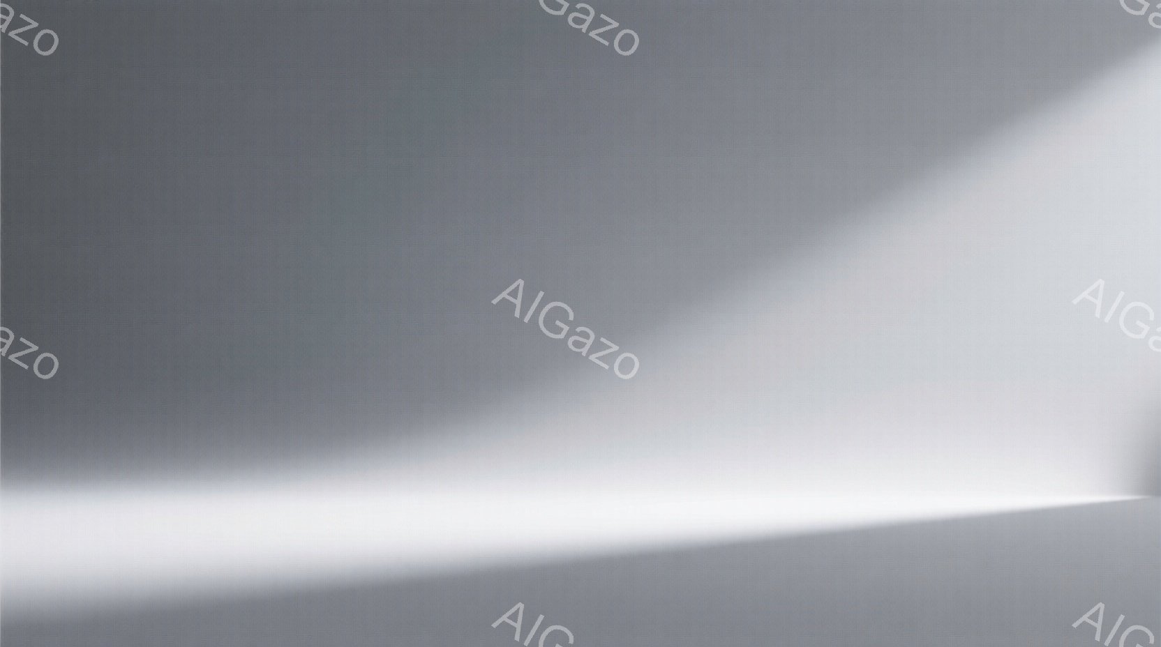 この画像は、白を基調としたミニマルな背景で構成されており、強い光が左上から差し込み、床面を明るく照らしている。光と影のコントラストが際立ち、抽象的で静謐な雰囲気を醸し出している。人物や具体的なオブジェクトは存在せず、光の表現に焦点が当てられている。