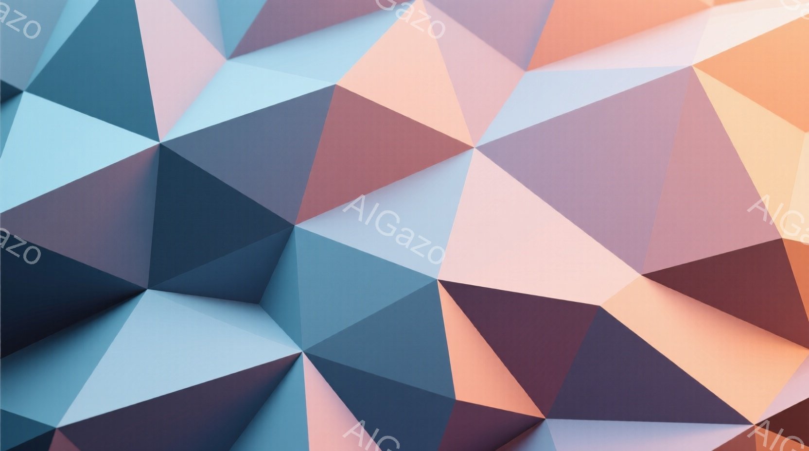 この画像は、多角形が組み合わさって構成された抽象的な背景です。パステルカラーを基調とし、淡いピンク、青、紫、オレンジなどの色が使用されています。光と影のコントラストにより、立体感と奥行きが強調されています。