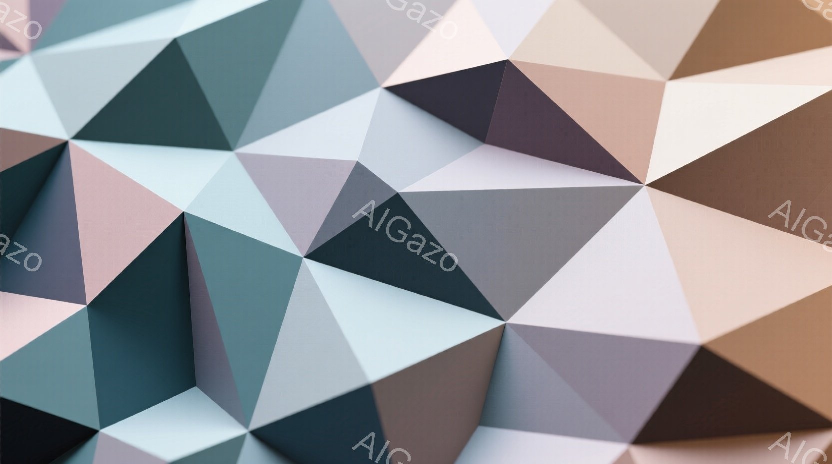 この画像は、様々な色合いの三角形が組み合わさって構成された抽象的な背景です。パステルピンク、水色、グレー、茶色といった落ち着いた色調が用いられ、光沢のある質感で表現されています。全体として幾何学的でモ - AI生成フリー素材