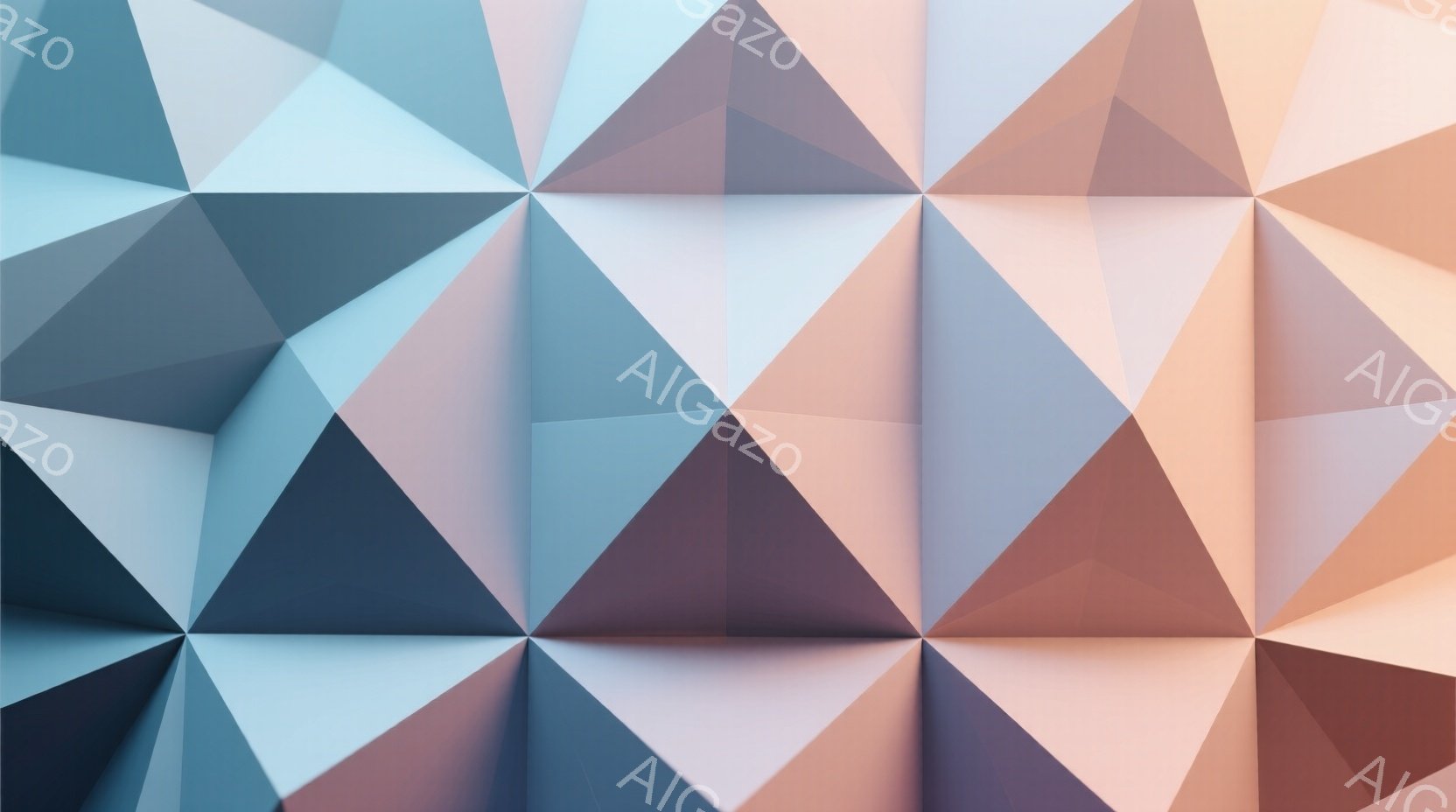 この画像は、様々な色合いの三角形が規則的に並んだ抽象的な構成です。薄い青、ピンク、灰色、茶色などの色が用いられ、三角形の配置によって奥行きと立体感が生まれています。全体として、ミニマルで現代的な印象を与え、幾何学的な美しさが際立っています。