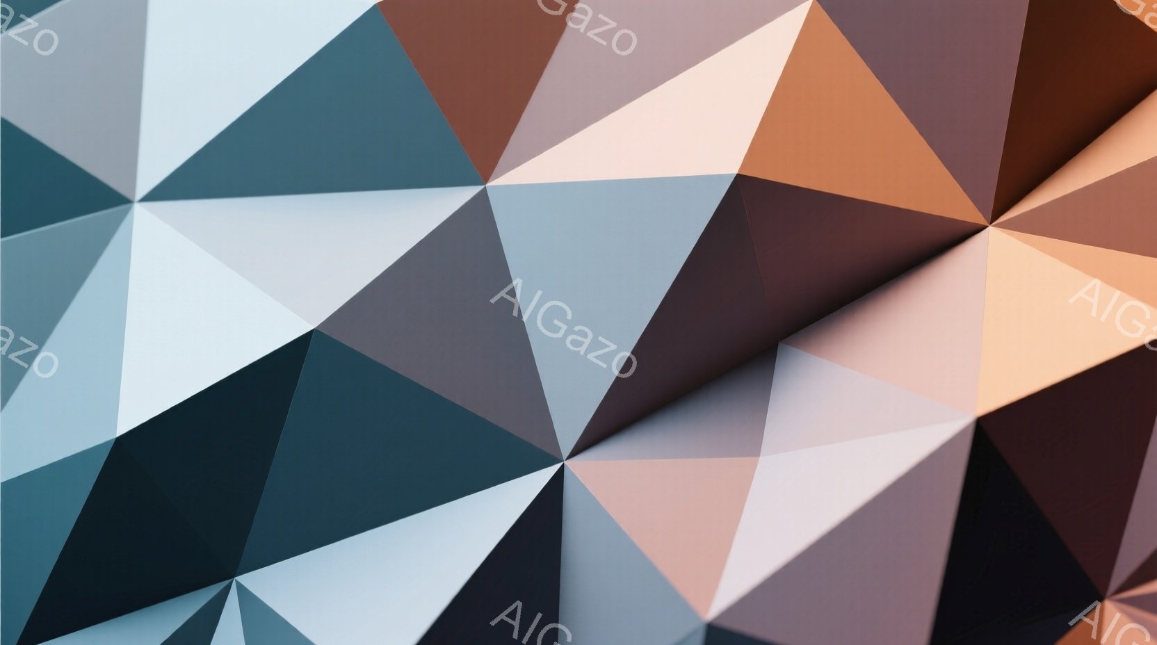 鮮やかな三角形のパターンが、まるで折り紙のように組み合わさった抽象的なイメージです。茶色、灰色、青、白の微妙な色合いが、光と影の効果を生み出し、奥行きを感じさせます。幾何学的な形状が繰り返されることで - AI生成フリー素材