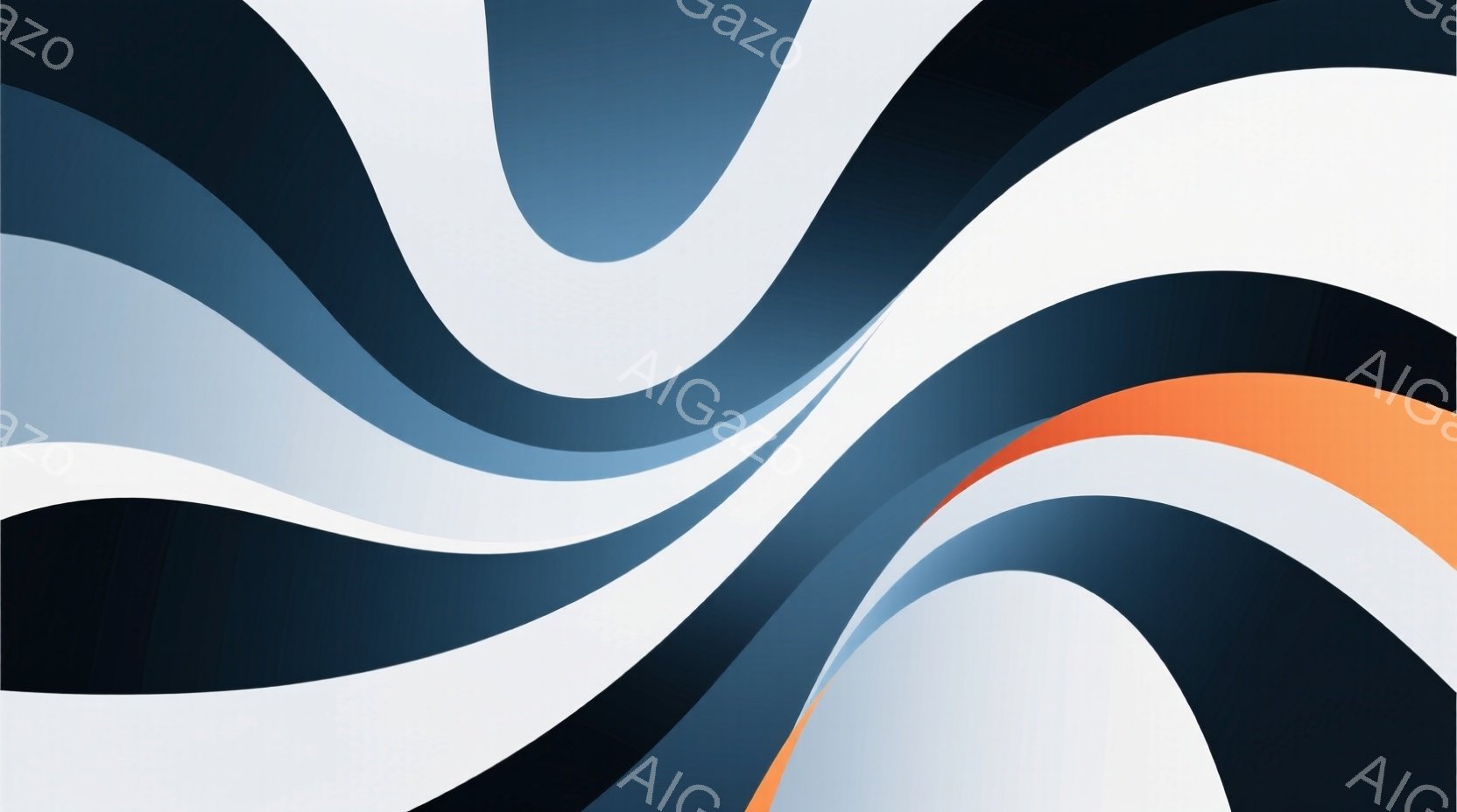 この画像は、様々な濃さの青、白、オレンジ色の曲線が複雑に絡み合った抽象的な背景です。曲線は滑らかで流動的であり、まるで波紋のような視覚効果を生み出しています。全体として、モダンでダイナミックな印象を与 - AI生成フリー素材