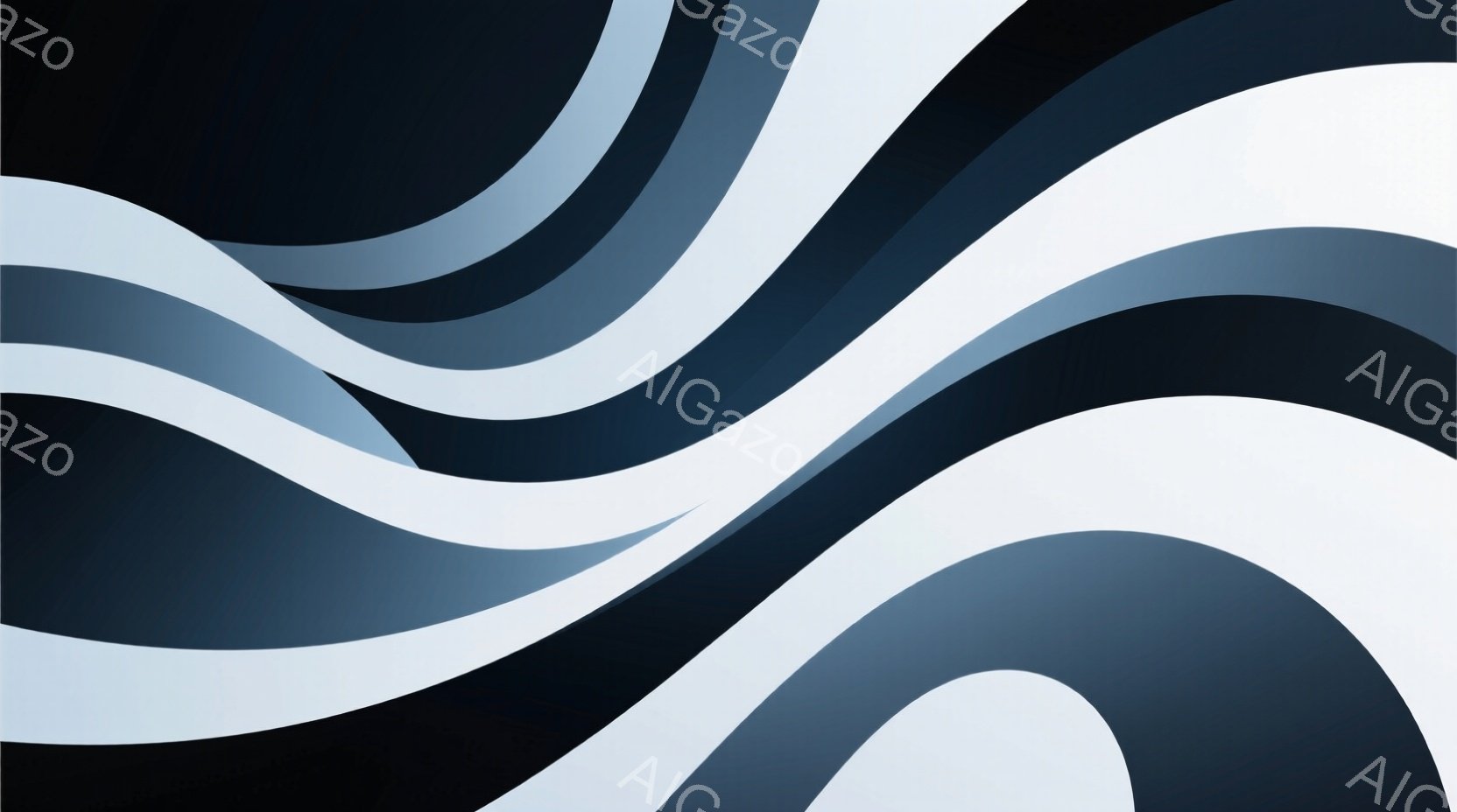 画像は、曲線を重ね合わせた抽象的な背景で構成されています。白、ライトグレー、ダークグレー、黒といった色調が用いられ、流れるような動きと奥行きを感じさせます。全体的に滑らかでモダンな印象を与え、波や水の - AI生成フリー素材