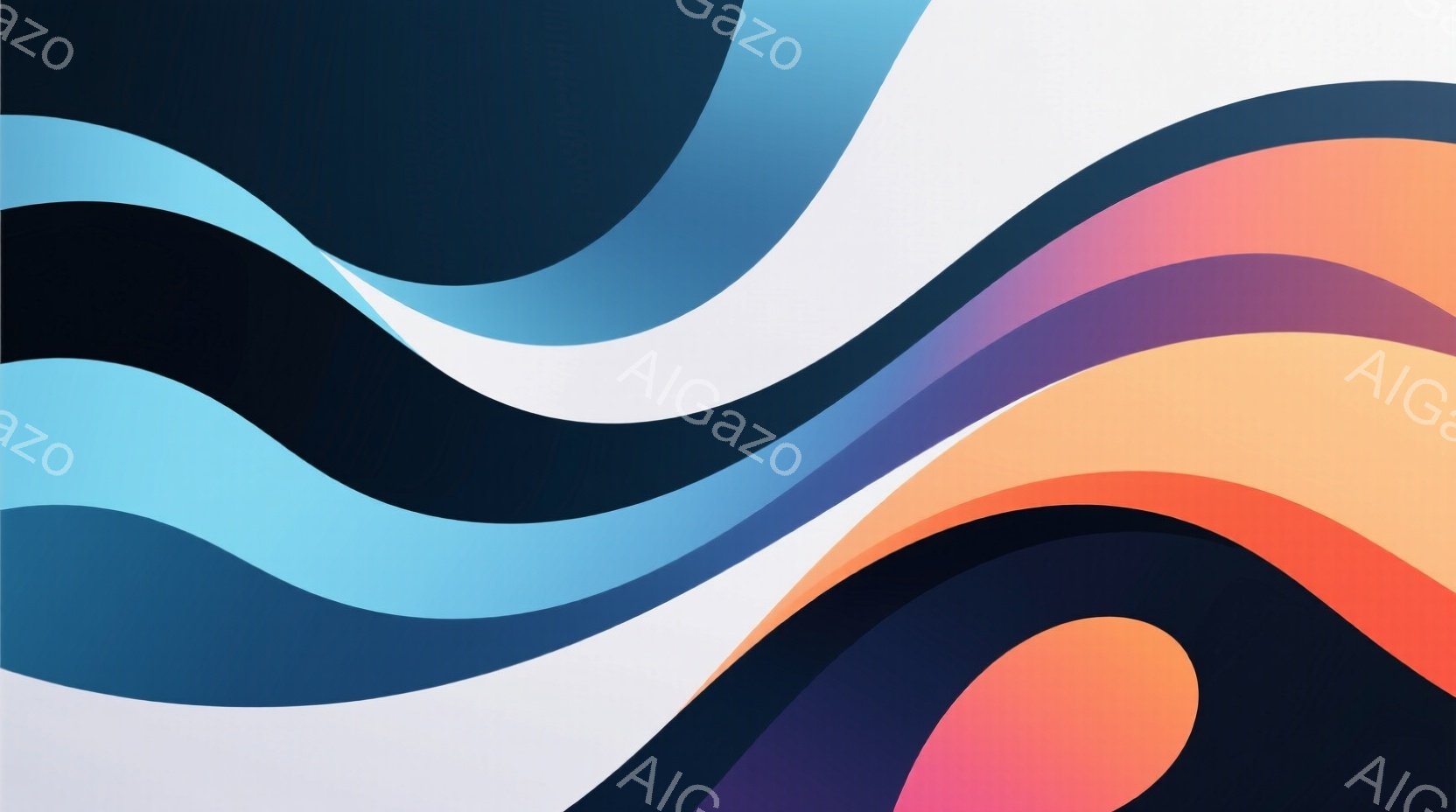 この画像は、曲線的な色彩の抽象的な構成です。青、水色、紫、オレンジ、黒などの鮮やかな色が滑らかに重なり合い、流れるような波紋を作り出しています。背景は単色でなく、色彩が混ざり合い、奥行きと動きを感じさ - AI生成フリー素材