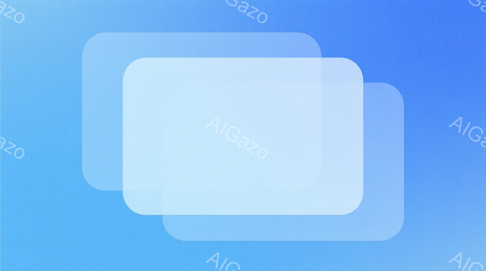 鮮やかな青色のグラデーションを背景に、半透明の白い四角形が重なり合って配置されています。四角形は大きさや角度が異なり、奥行きを感じさせるレイヤー構造を形成しています。全体としてシンプルでミニマルな印象 - AI生成フリー素材