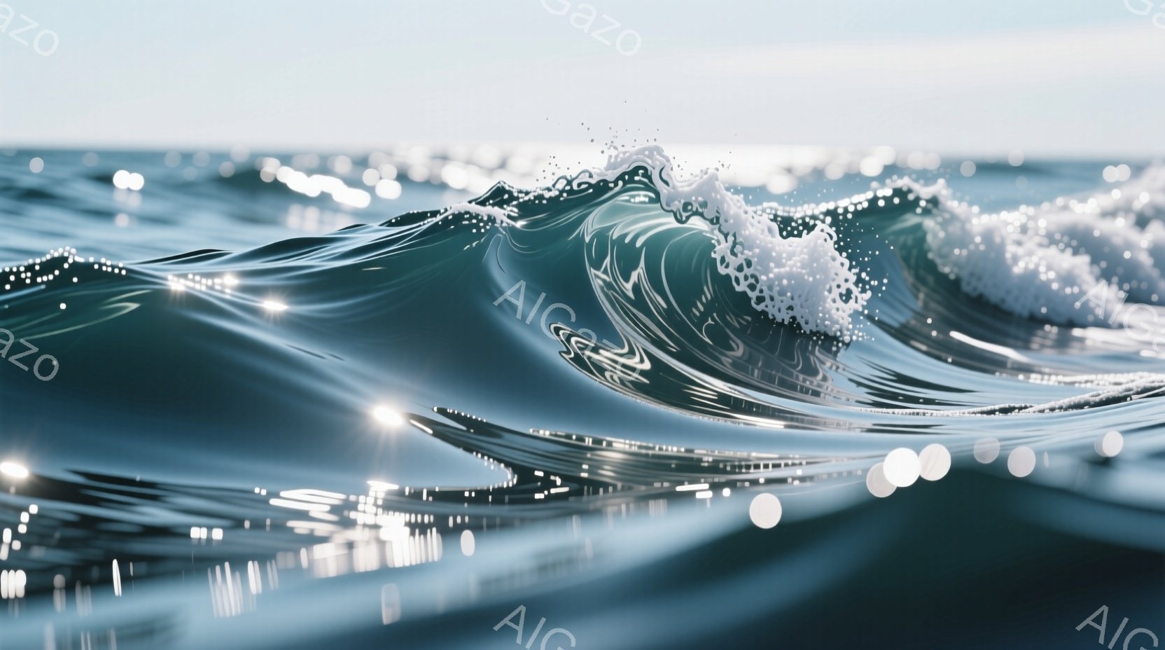 鮮やかなターコイズブルーの波が画面を満たし、光の反射が水面にきらめきを添えている。波の先端は泡立ち、躍動感と力強さを感じさせる。背景はぼやけており、波の美しさを際立たせる構成となっている。