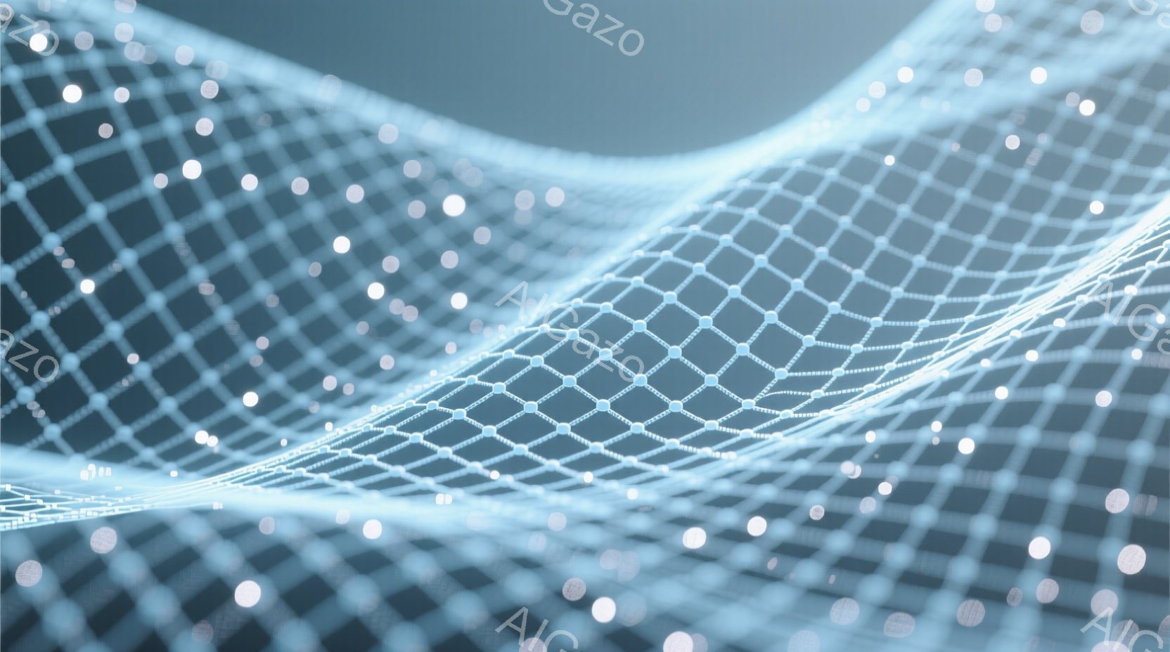 この画像は、未来的なネットワークを表現した抽象的なイメージです。光る青い点が網目状に繋がり、波のような形を作っています。背景は暗く、光点がより際立っており、全体的にテクノロジーと革新性を感じさせる雰囲気です。