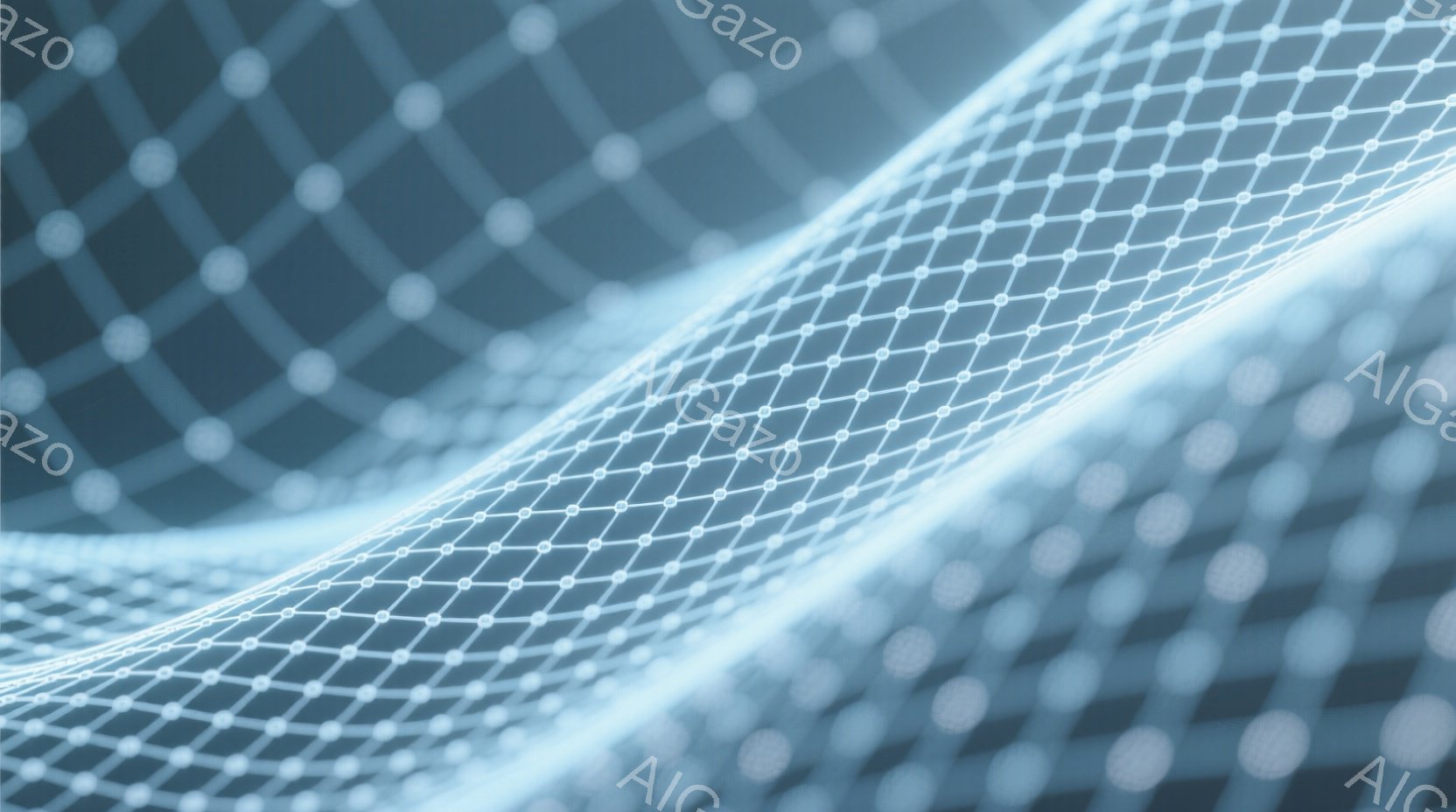 この画像は、青白い光を放つ、網目状の線が複雑に絡み合った構造を描いています。線は流れるような曲線を描き、未来的なテクノロジーやネットワークの視覚的表現を想起させます。背景は暗く、線が発する光が強調され、神秘的で洗練された雰囲気を醸し出しています。