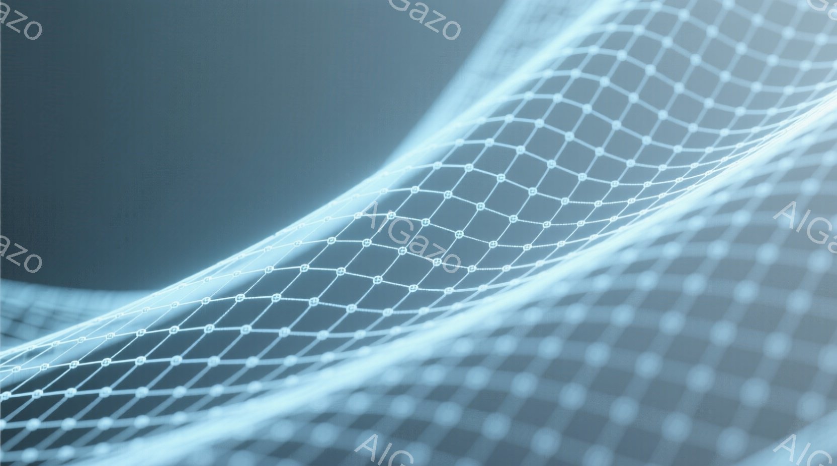 鮮やかな青色の光の線が、まるでリボンや波のように曲線を描いて流れています。その線は、細かい六角形の網目構造で構成されており、未来的な印象を与えます。背景は暗い青色で、光の線が際立って見え、幻想的な雰囲 - AI生成フリー素材