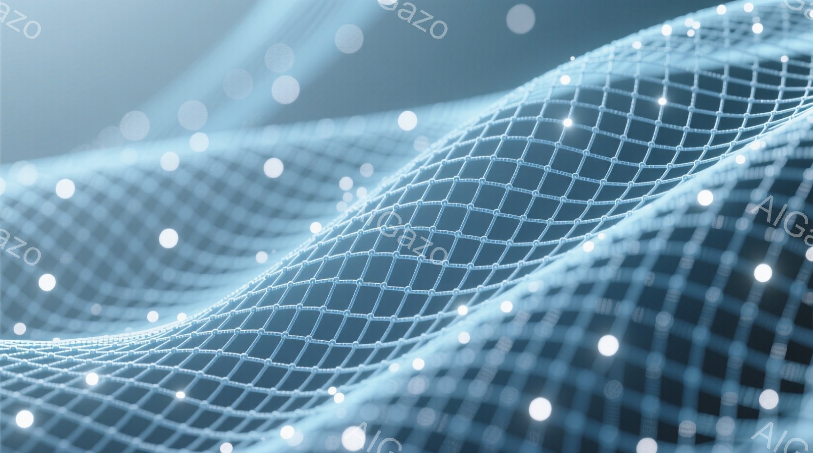 青白い光沢のある網目状の構造物が、うねるように流れており、近未来的な印象を与える。背景にはぼんやりとした白い光の粒子が散りばめられ、奥行きと浮遊感を強調している。全体的に、テクノロジーと抽象的な美しさが融合した、洗練された雰囲気である。