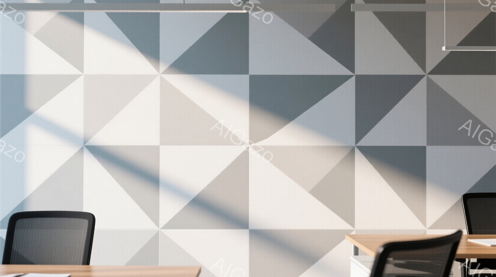 部屋の壁は、白とグレーの三角形が規則的に並んだデザインで覆われています。部屋には木製の机が数台あり、黒い椅子が置かれています。全体的に、シンプルでモダンな雰囲気で、オフィスや会議室のような空間であることが伺えます。