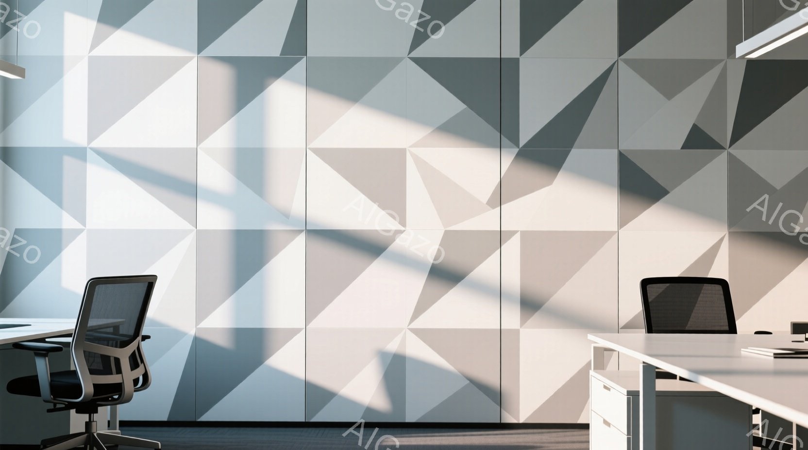 この画像は、幾何学的な三角形の模様が特徴的な壁を背景にした、モダンでミニマリストなオフィススペースを描写している。白を基調としたデスクとオフィスチェアが配置され、清潔感と落ち着いた雰囲気を醸し出している。光の当たり方から、壁面の陰影が強調され、奥行きと立体感が感じられる。
