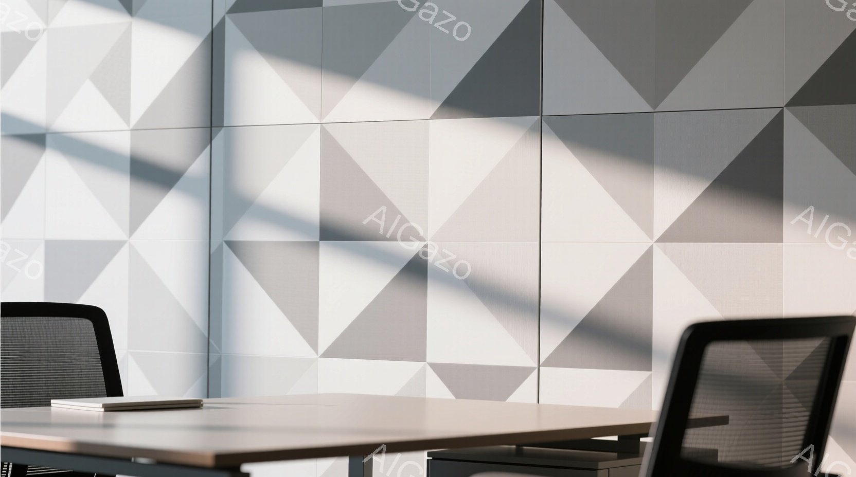 白を基調としたモダンなオフィス空間が写っている。壁は幾何学的な三角形のパターンで構成されており、光と影が交差して奥行きを生み出している。テーブルの上にはノートが置かれ、背もたれの黒い椅子が二脚、部屋の静けさと現代的な雰囲気を強調している。