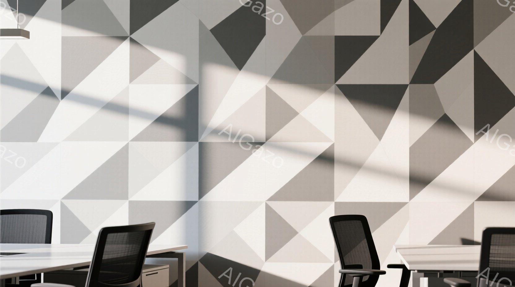 この画像は、三角形を組み合わせた幾何学的な壁が特徴的な室内空間です。白、グレー、黒のモノトーンカラーが用いられ、モダンでスタイリッシュな印象を与えます。オフィススペースの一角のような光景で、いくつかのオフィスチェアが配置されています。