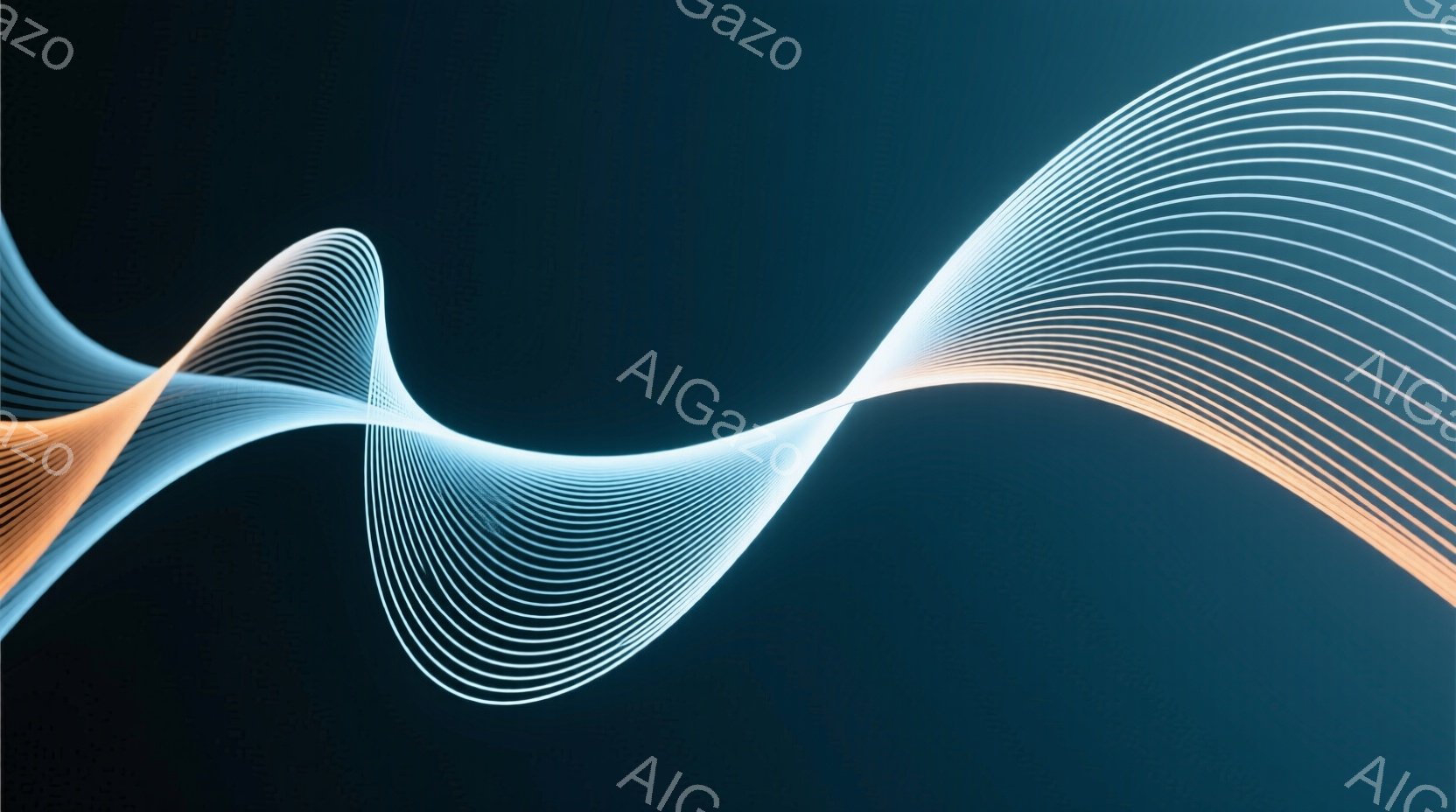 鮮やかなオレンジと水色の光の線が、暗い紺色の背景を曲線的に舞っている様子が描かれている。線はまるでエネルギーの流れや光の軌跡のように見え、未来的な印象を与える。 全体的に滑らかで流動的な雰囲気であり、抽象的でありながらも躍動感を感じさせる。