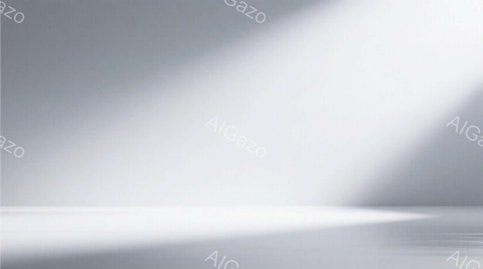 この画像は、白とグレーのグラデーションで構成された抽象的な空間です。左側は暗く、右側へと光が差し込み、強いコントラストを生み出しています。床面は滑らかで光沢があり、まるで舞台のような雰囲気を醸し出しています。