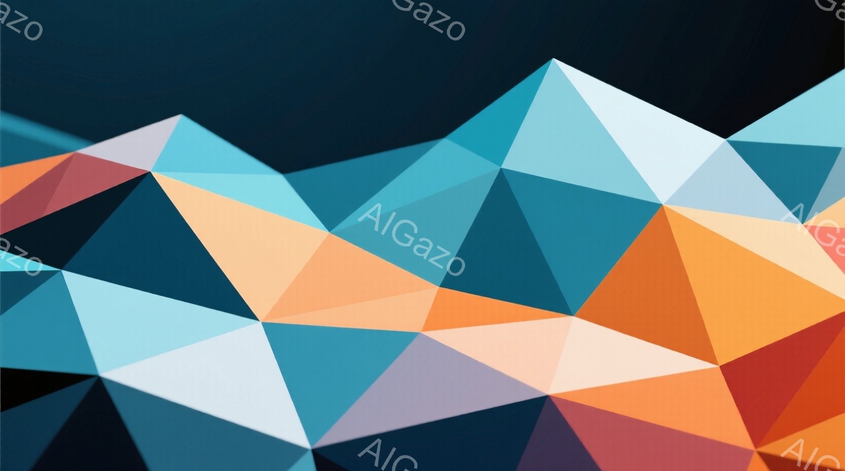 この画像は、様々な色の三角形が組み合わさって構成された抽象的な背景です。オレンジ、水色、グレー、赤などの色調が使用されており、全体として幾何学的でモダンな印象を与えます。三角形の配置はランダムでありな - AI生成フリー素材