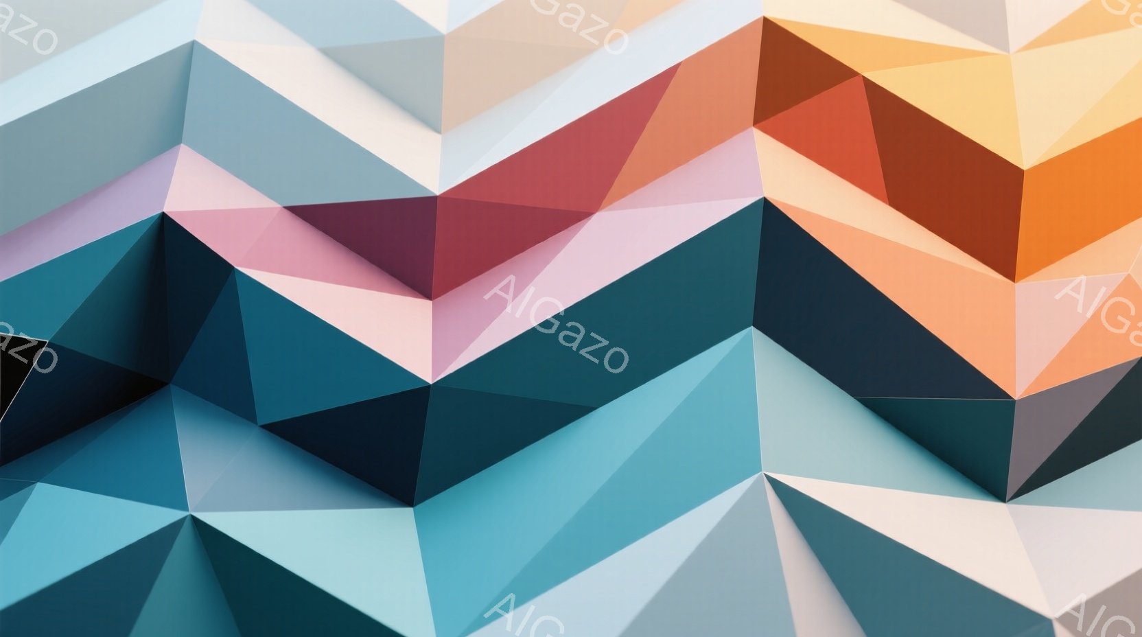 この画像は、多角形を組み合わせた抽象的な構成で、鮮やかなオレンジ、水色、ピンク、グレーといった色彩が特徴的です。光と影のコントラストによって、多角形が立体的に見え、まるで幾何学的な山並みを思わせる奥行きがあります。全体的にモダンで洗練された印象を与え、視覚的に強いインパクトを与えます。