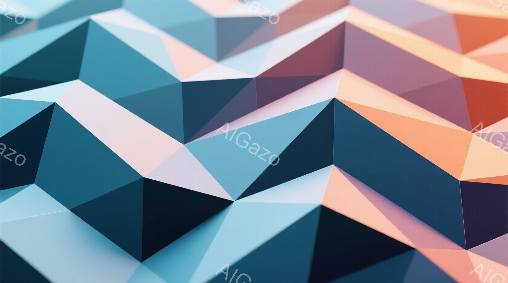 この画像は、さまざまな色合いの三角形が密接に並んだ抽象的な構成です。明るいオレンジ、ターコイズブルー、ダークブルー、そして淡いピンク色が組み合わさり、複雑な模様を作り出しています。全体的に幾何学的な雰 - AI生成フリー素材